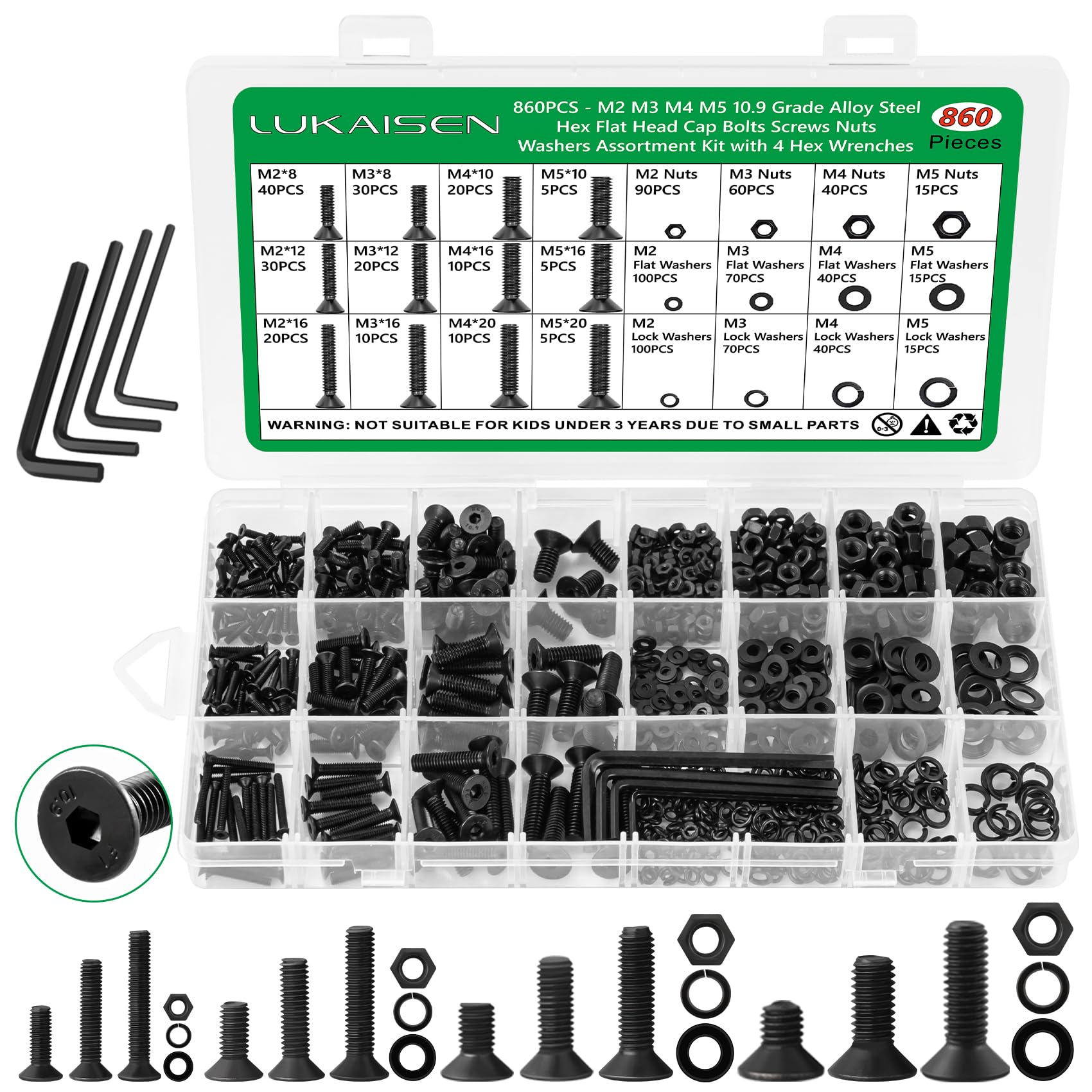 860 Pcs M2 M3 M4 M5 Screws Set, Countersunk Nuts and Bolts Set with Washers, Flat Head Machine Screws Assorted, Hex Socket Head Cap Screw Assortment Kit + Wrench-10.9 Grade Alloy Steel — image 1
