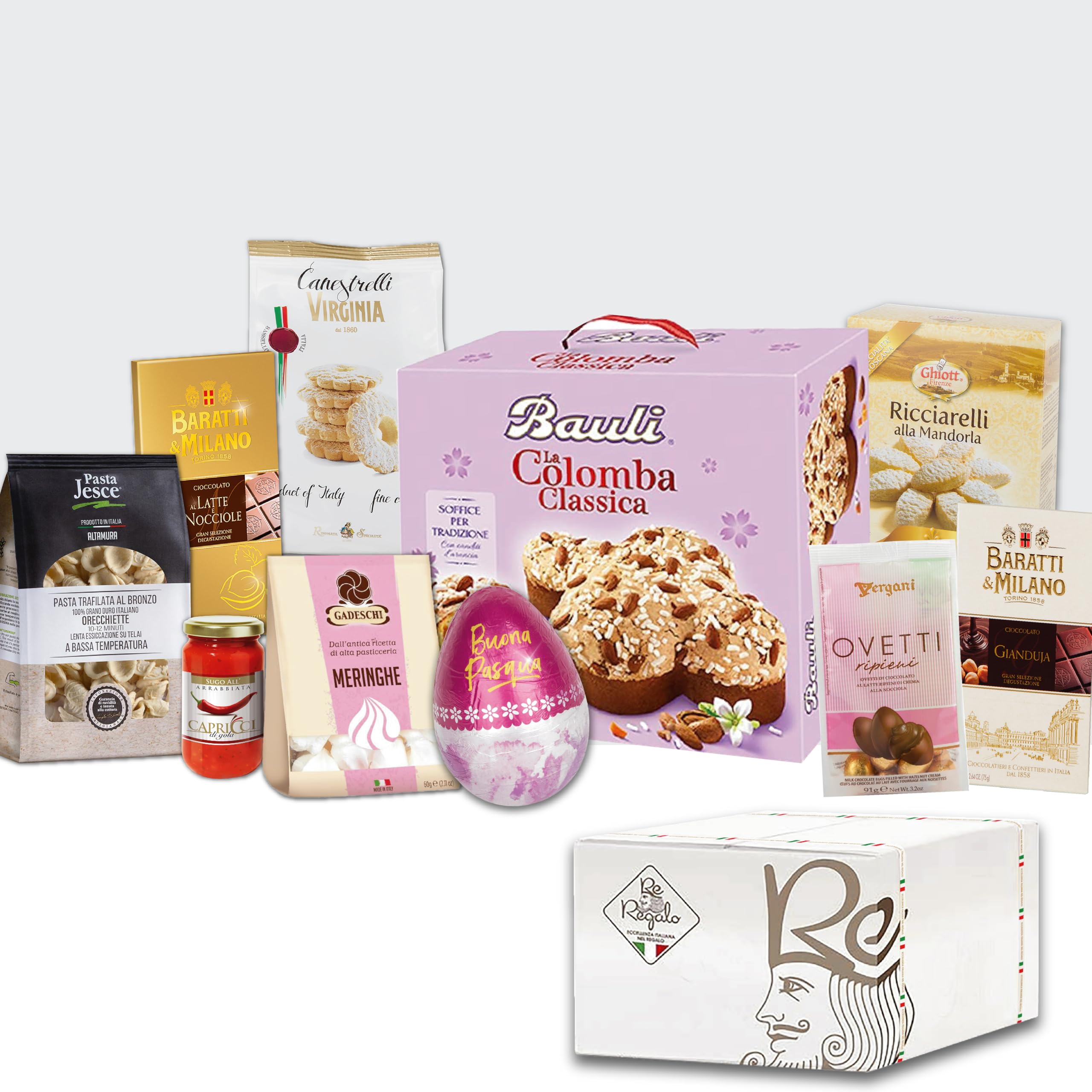 Re Regalo Confezione Regalo Dolce Pasqua 2026, 10 Pezzi con Colomba Bauli 500g, Uovo Del Conte 150g, Cioccolato Baratti & Milano, Ricciarelli, Pasta Jesce 500g e Sugo Arrabbiata, Idea Regalo Cesto