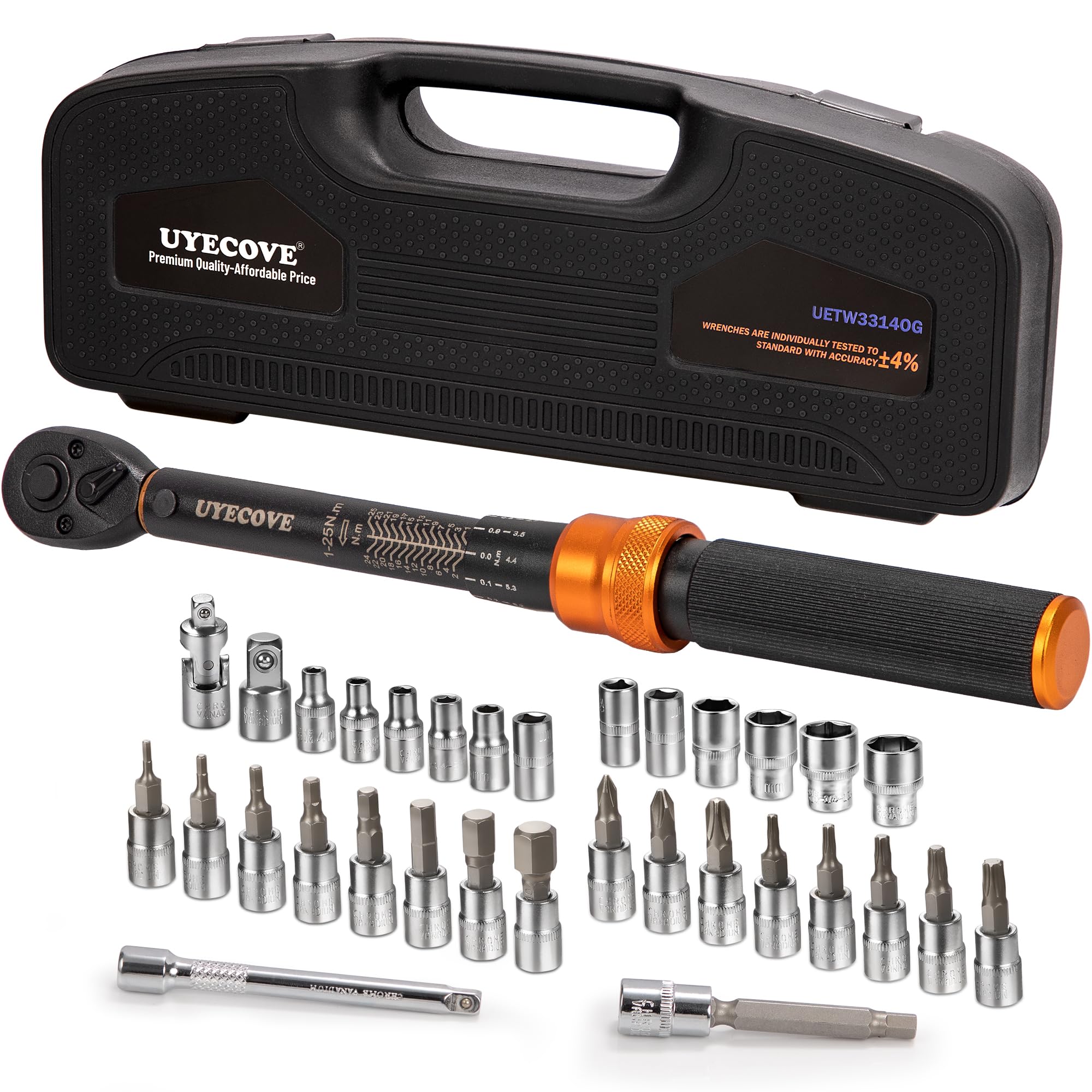 Photo 1 of UYECOVE 1/4-Inch Drive Click Torque Wrench Set, 33Pcs Bike Torque Wrench (1-25 N.M/10-222.5IN.LB), Bike Torque Wrench Set with Extension Bar for Bicycle Maintenance 33PCS-1-25N.M(Orange) 1/4'' DR.