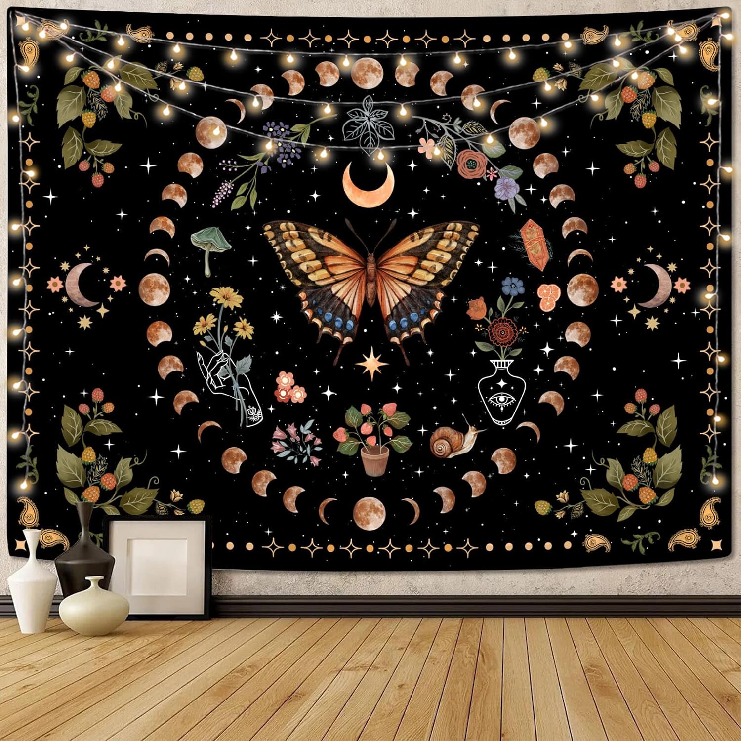 Aipon Blue Butterfly Moon Flower Tapestry Botanical Boho Plant Floral Tapestry for Bedroom Aesthetic Hippie Vintage Tapestries Wall Hanging for Living Room Dorm (68.00" x 90.00", Blue)