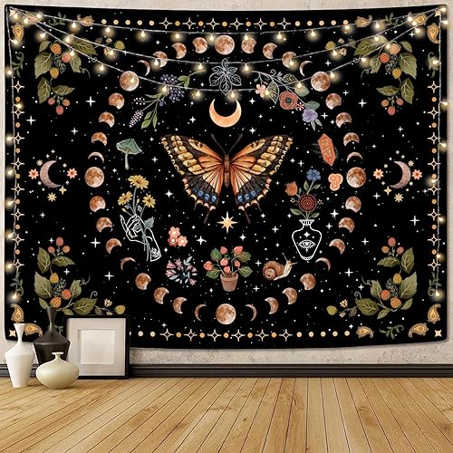 Aipon Yellow Butterfly Moon Flower Tapestry Botanical Floral Plant Boho