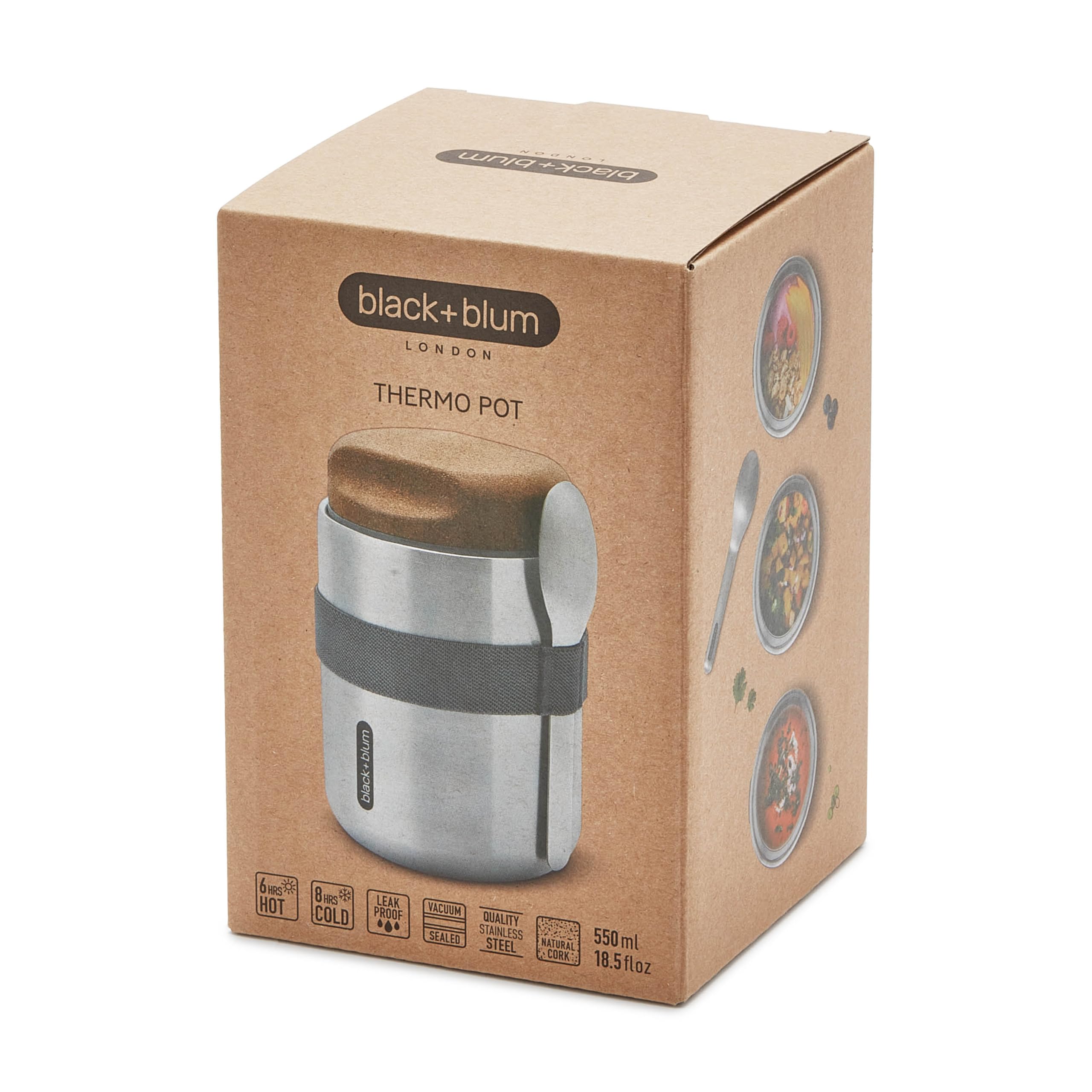 BLACK + BLUM Edelstahl Thermo Topf 550ml | Thermobehälter für Essen | 6h warm & 8h kalt | Auslaufsicher | BPA frei | Naturkork zur optimalen Isolierung | Warmhaltebehälter Essen mit Löffel