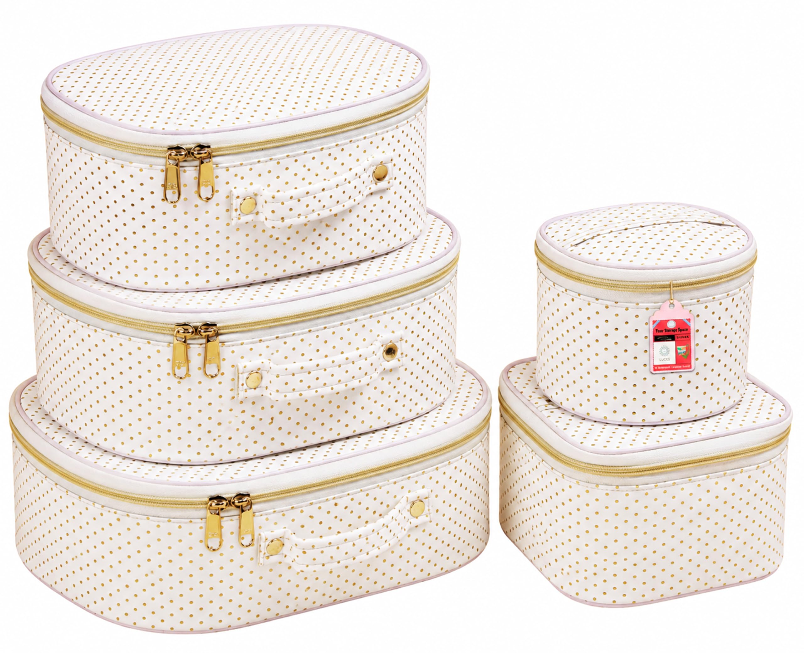 Luces 5 Pc Different Sizes Fabric Bag Set Purse Makeup Bag Toiletry Travel Cosmetic Storage Box Shaving Kit Wardrobe Organizer Jewellery Pouch for Women (Cream)-image-1