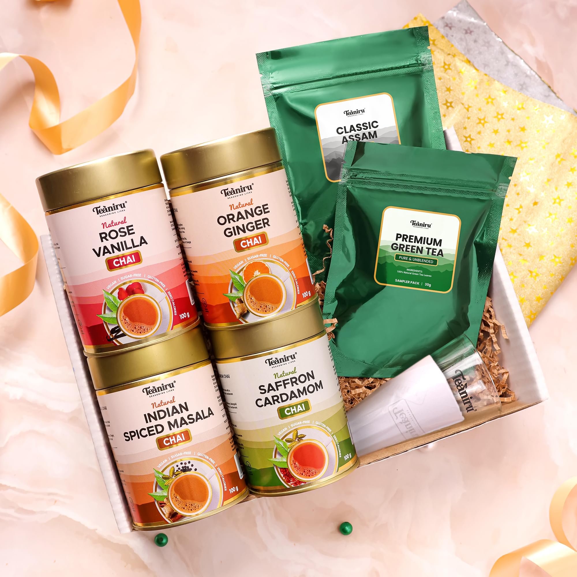 Teaniru, Chai is Life - Assorted Chai Collection | 4 Flavoured Chai in Reusable Tins with 2 Cutting Chai Glasses + 30 gm of Premium Green Tea & Assam Black Tea | Tea Gifts for Family, Friends & Corporates (B0CK4RSC3V) Amazon Price History, Amazon Price Tracker