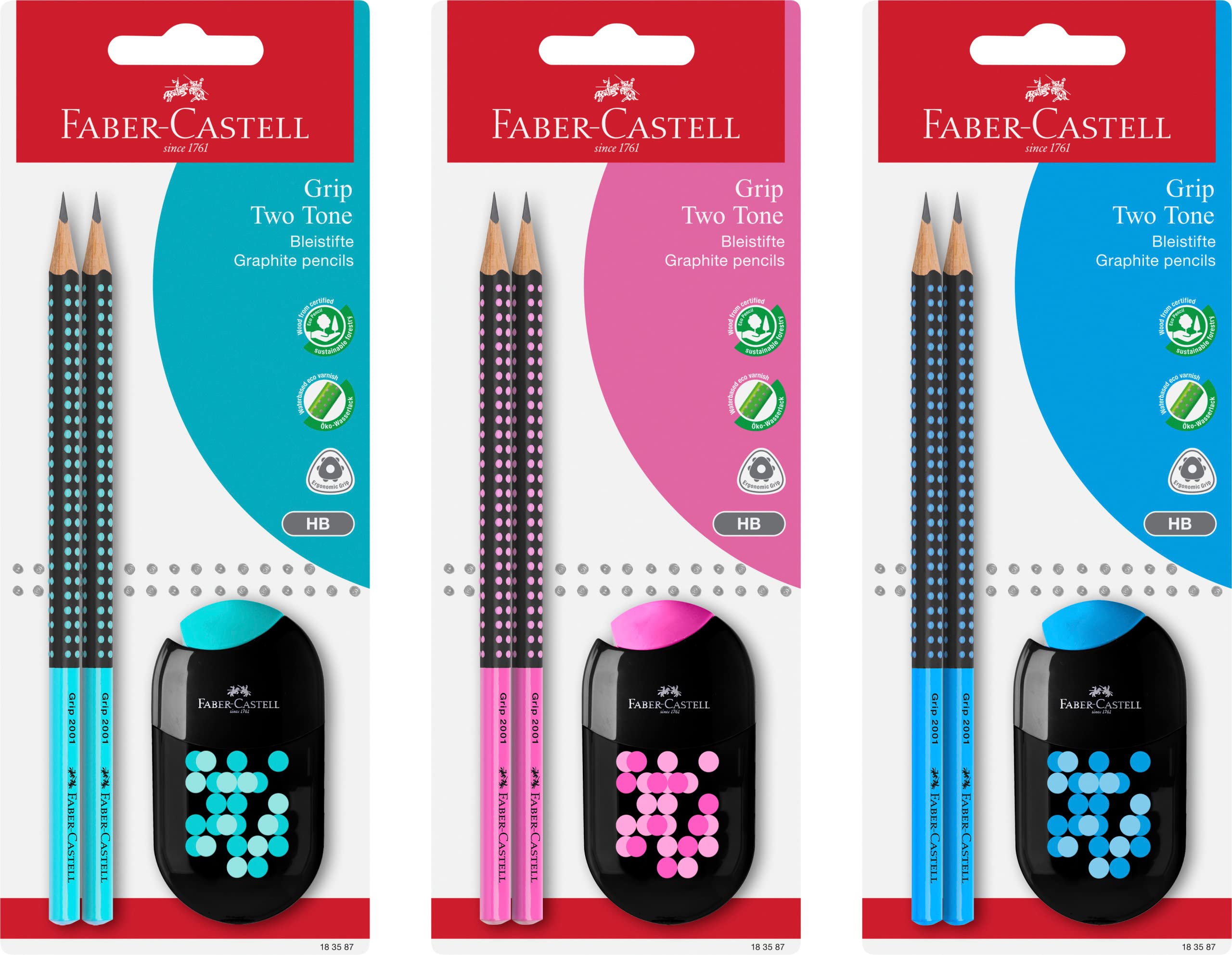 FABER-CASTELL - zestaw ołówków Grip Two Tone, 3 sztuki | Nie ma możliwości wyboru koloru - zestaw do pisania zawierający 2 ołówki Grip oraz podwójną temperówkę z gumką