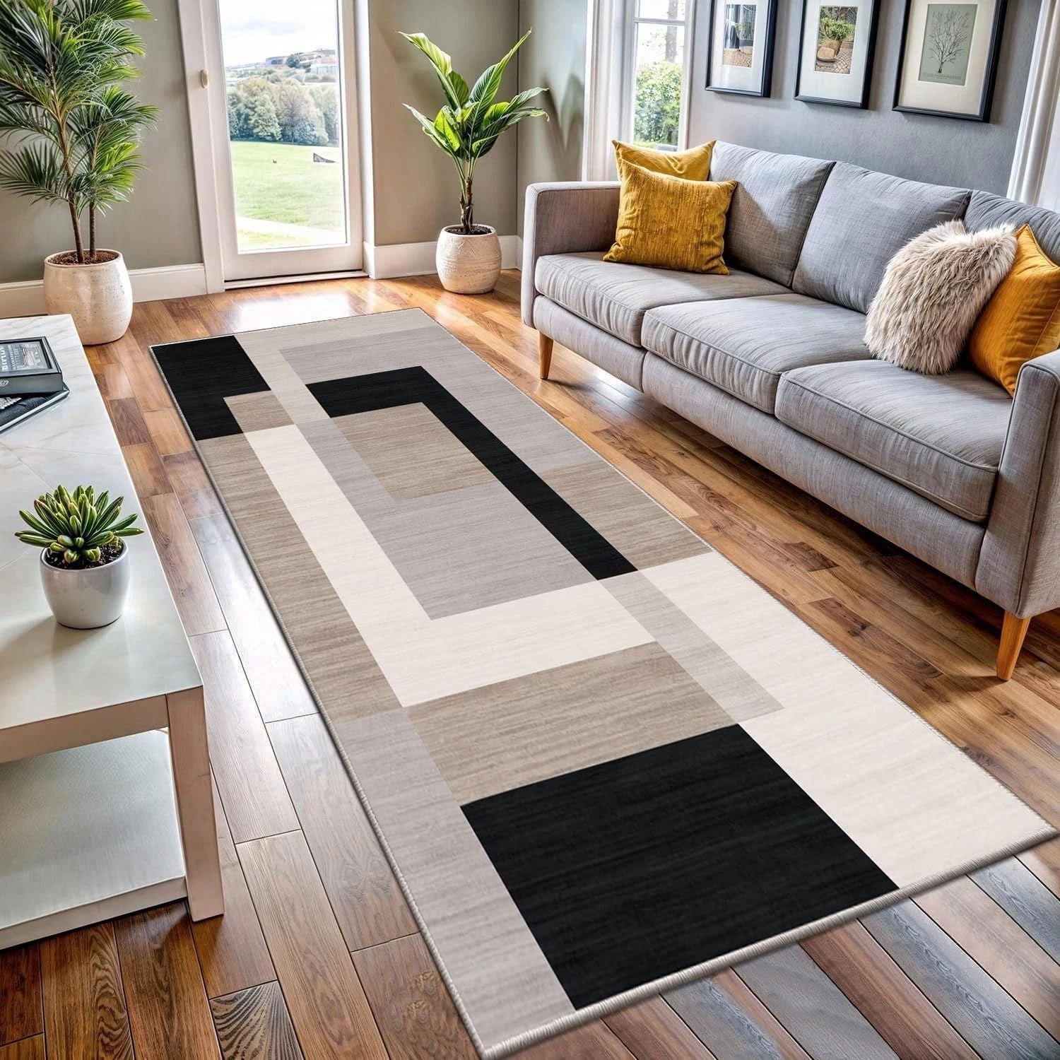 BedLooms Runner Rugs for Hallway 60x220 cm Geometric Pattern Carpets living room Printed Black and Cream Runners for Lounge Office Bedroom (Milo Neutral)