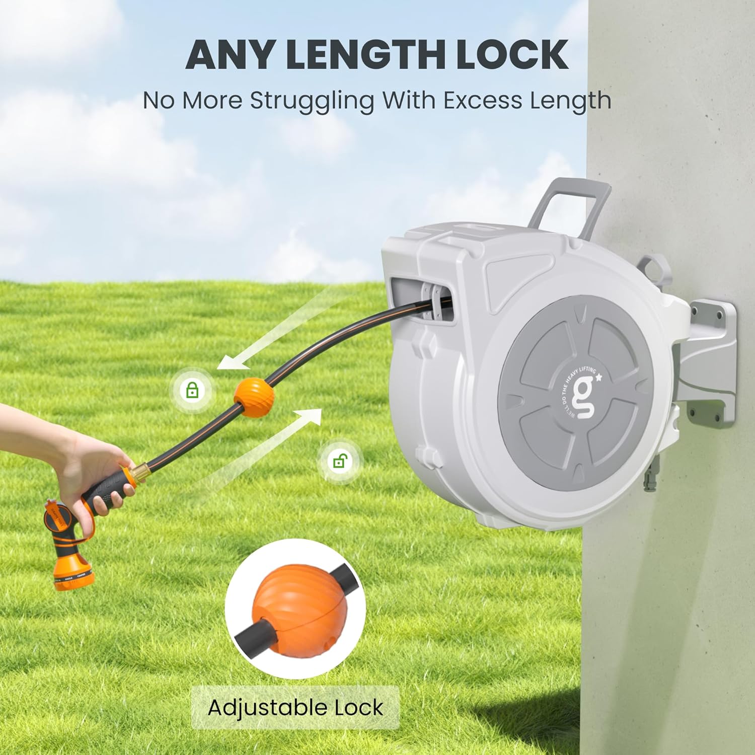 Hand pulling hose from reel, showing the any length lock feature