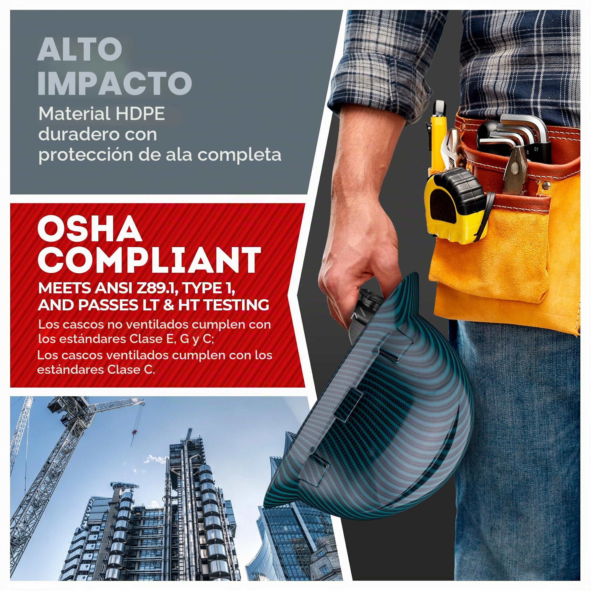 Casco de seguridad de ala completa con diseño de fibra de carbono verde con acabado brillante Casco de seguridad OSHA con suspensión de 6 puntos