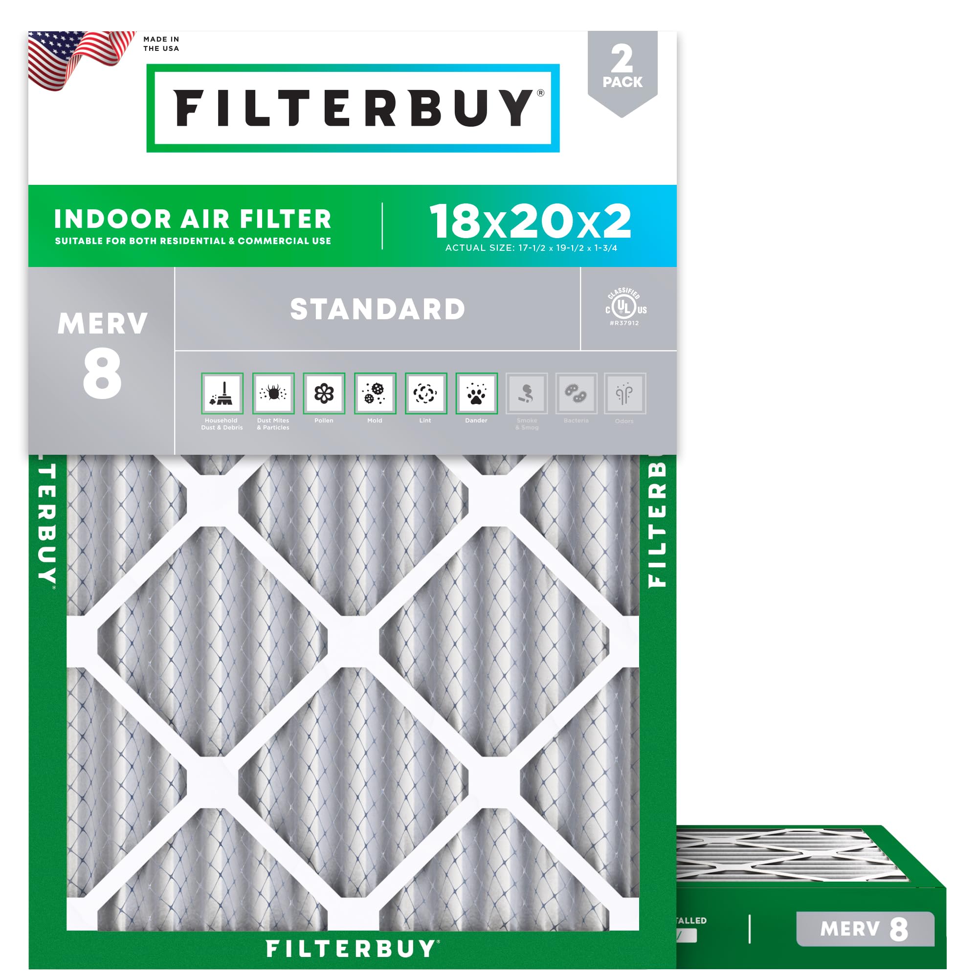 Filterbuy 18x20x2 Air Filter MERV 8 Dust &amp; Allergy Defense (2-Pack)