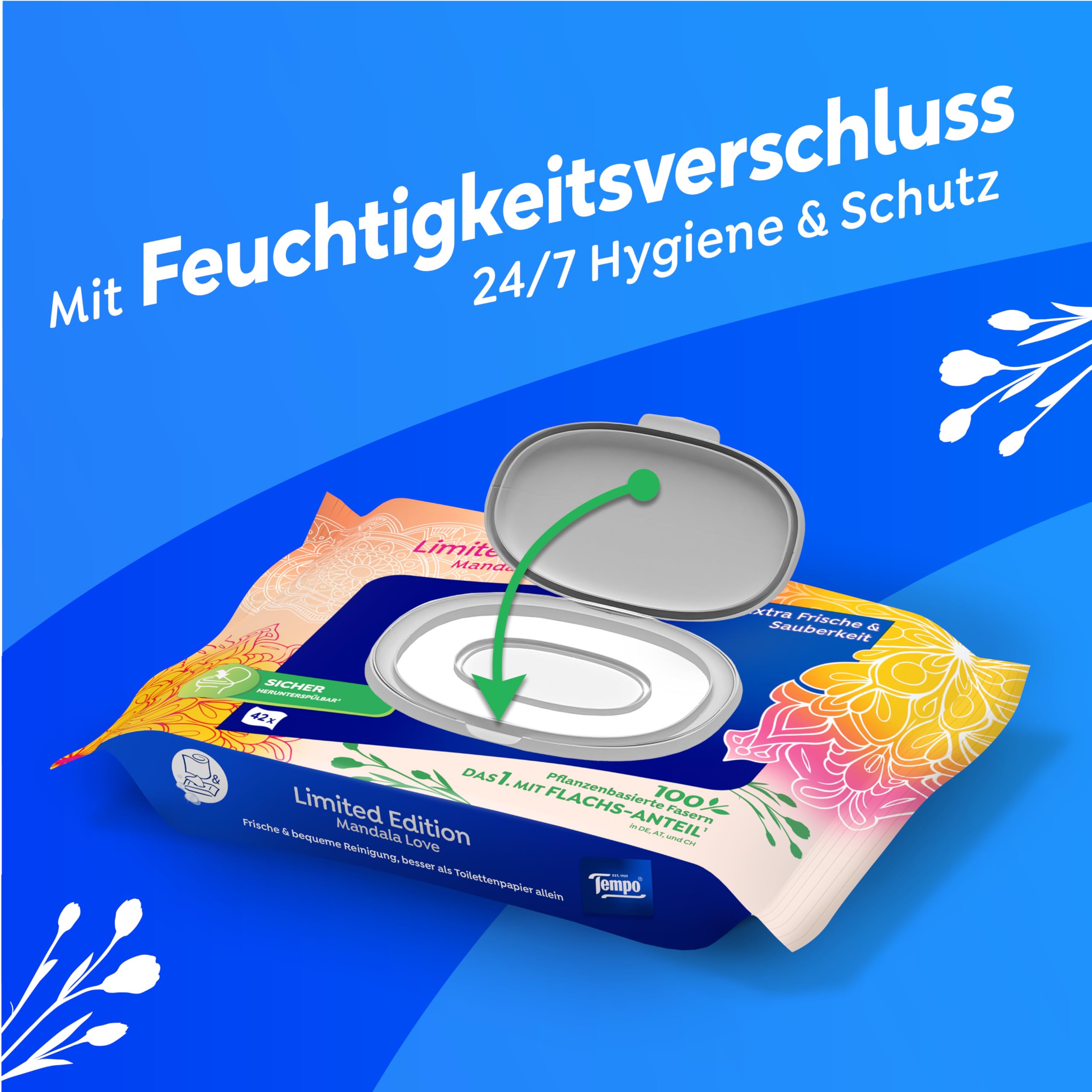 Tempo Feuchtes Toilettenpapier Mein Verwöhnmoment Limited Edition - wechselnde Designs, Ohne Farbstoffe, Wiederverschließbar, Vorteilspack, 16 x 42 Feuchttücher