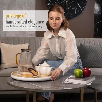 LEXA 15.7 Bamboo Round Serving Tray Large Handcrafted Wooden Tray for Food, Ottoman, Coffee Table, Kitchen, Charcuterie, or Home Decor, White