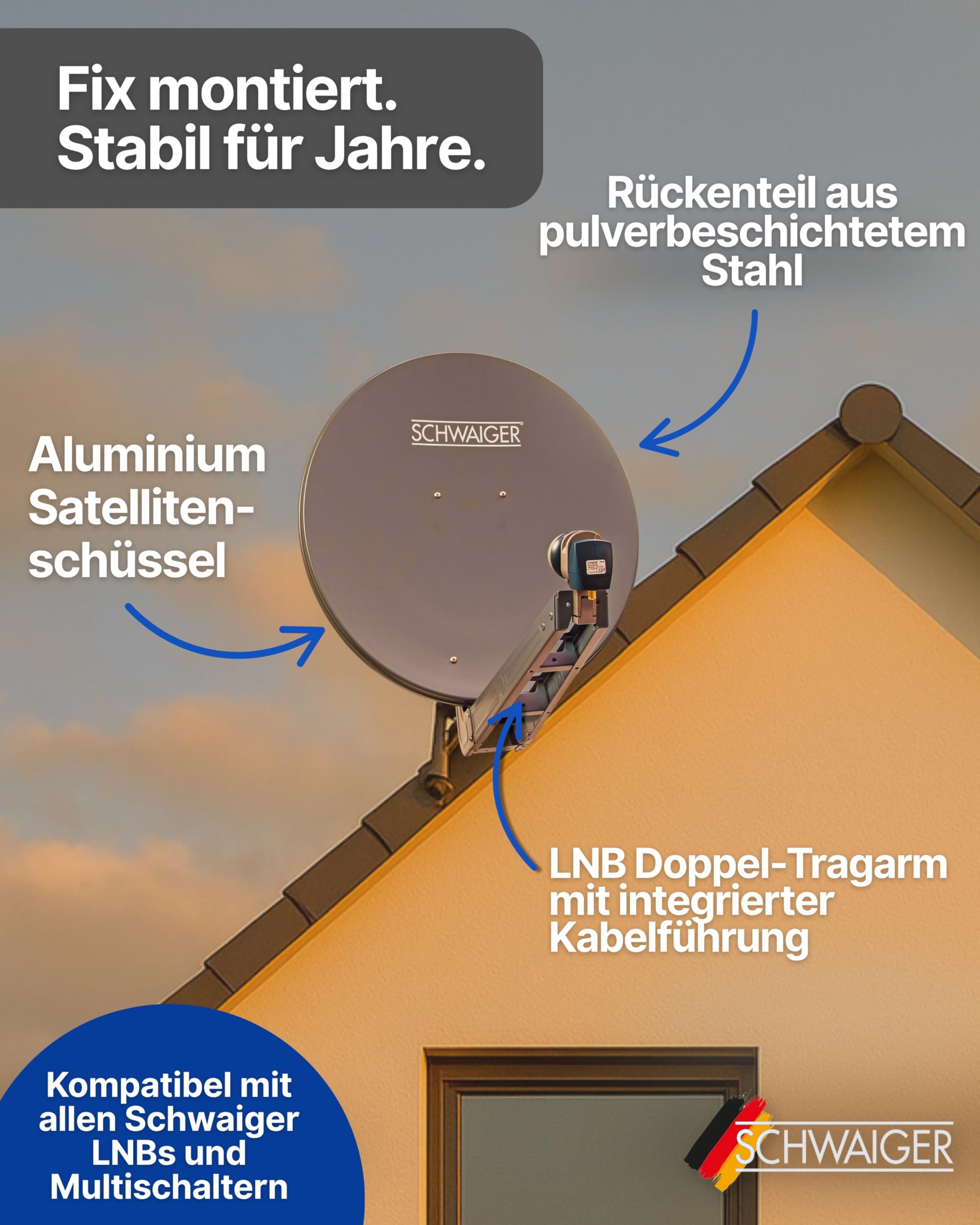 SCHWAIGER Satellitenschüssel Komplettset 80 cm Aluminium Offset Antenne Anthrazit Quad LNB 4-Fach Digital HD 4K Empfang wetterfest