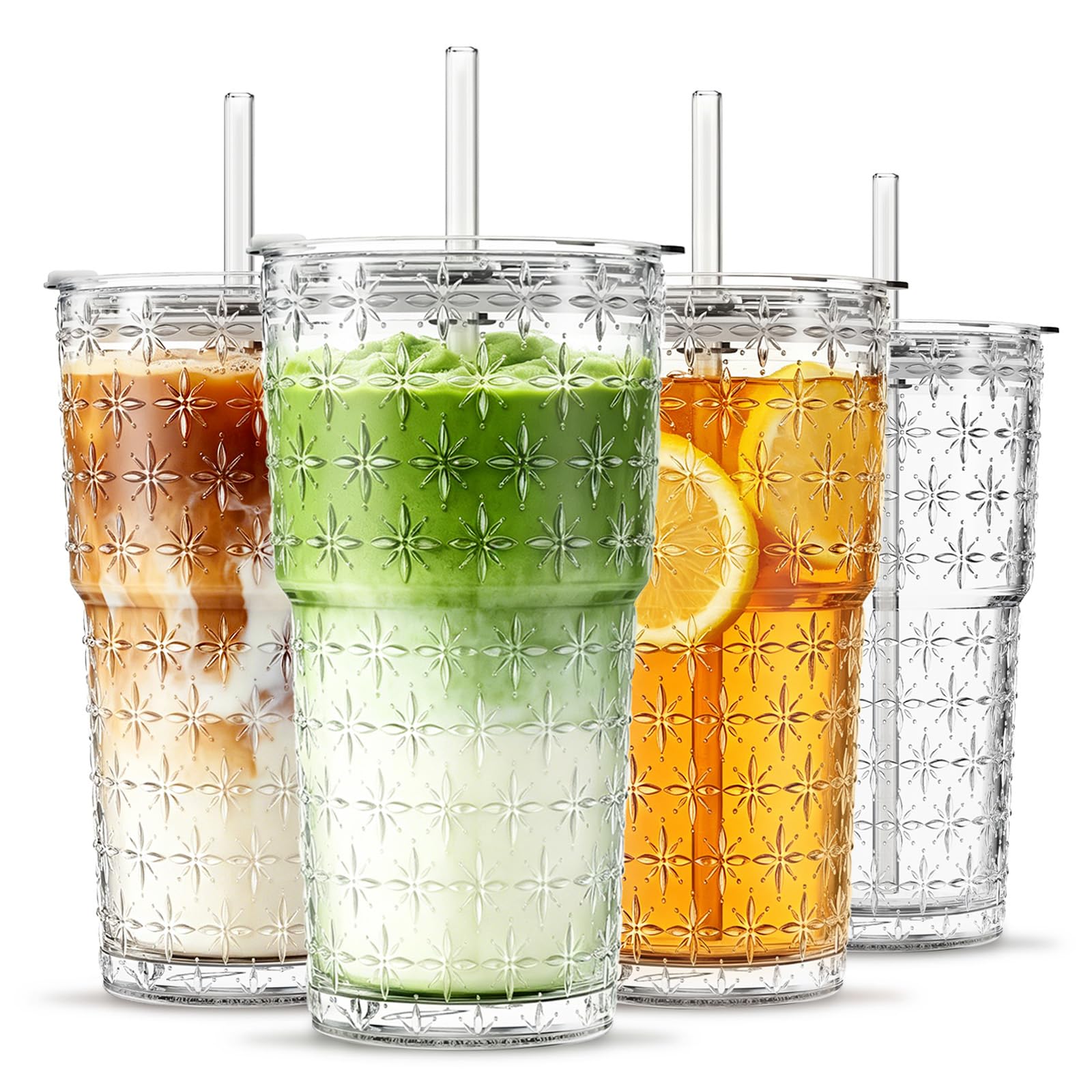Photo 1 of INSETLAN 20oz Glass Tumblers with Lids and Straws, Set of 4, Thick-Walled Drinking Glasses for Iced Coffee, Smoothies, Matcha, Water, Juice, Elegant Sparkling Star Glass Cups for Daily Use and Travel