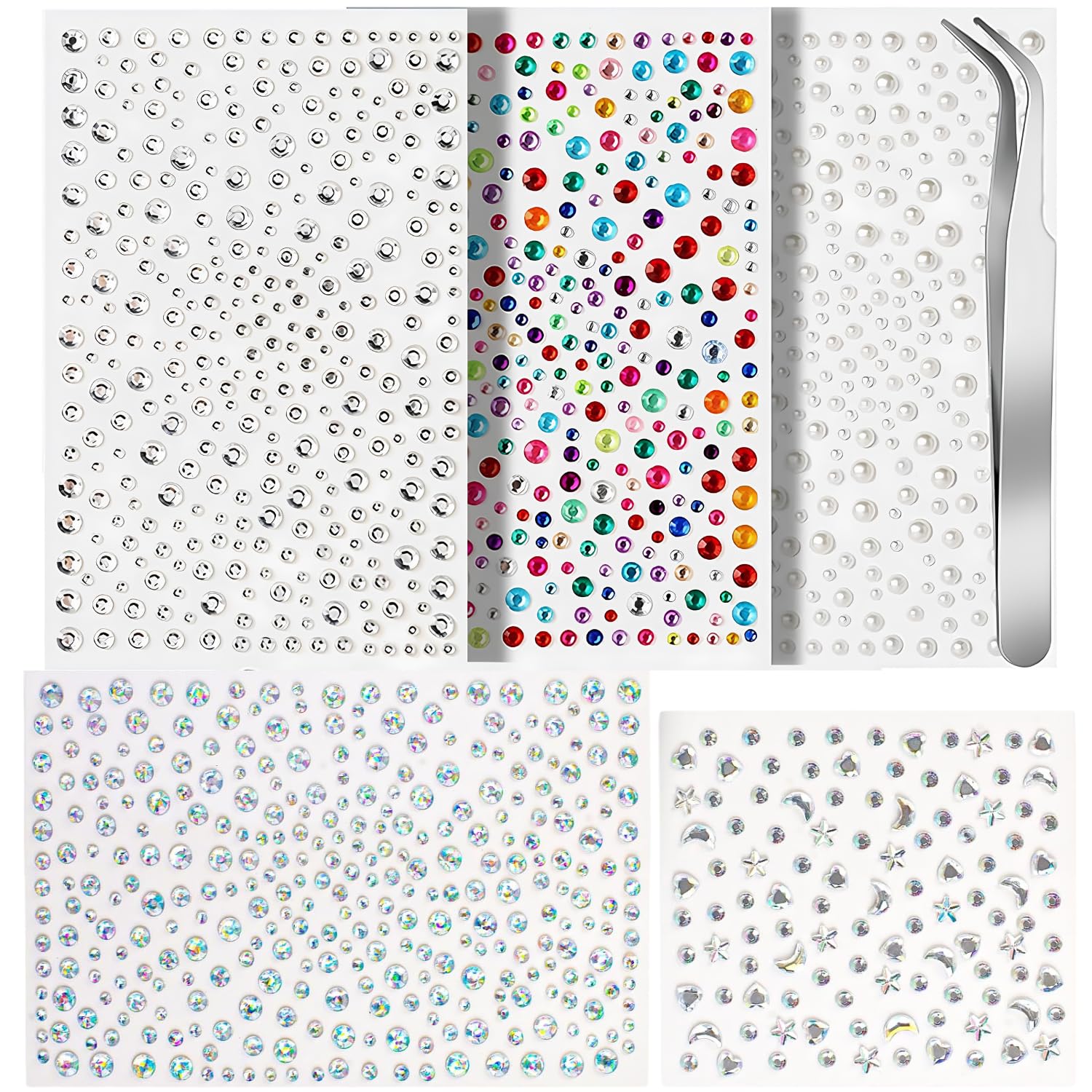 5 Sheet Rhinestones Face Gems with Tweezer, 5 Different Types Self-Adhesive Face Jewels for Makeup & Nail Art | Rhinestones Pearl Stickers Bedazzling Kit for DIY Crafts, Body Stickers-image-44