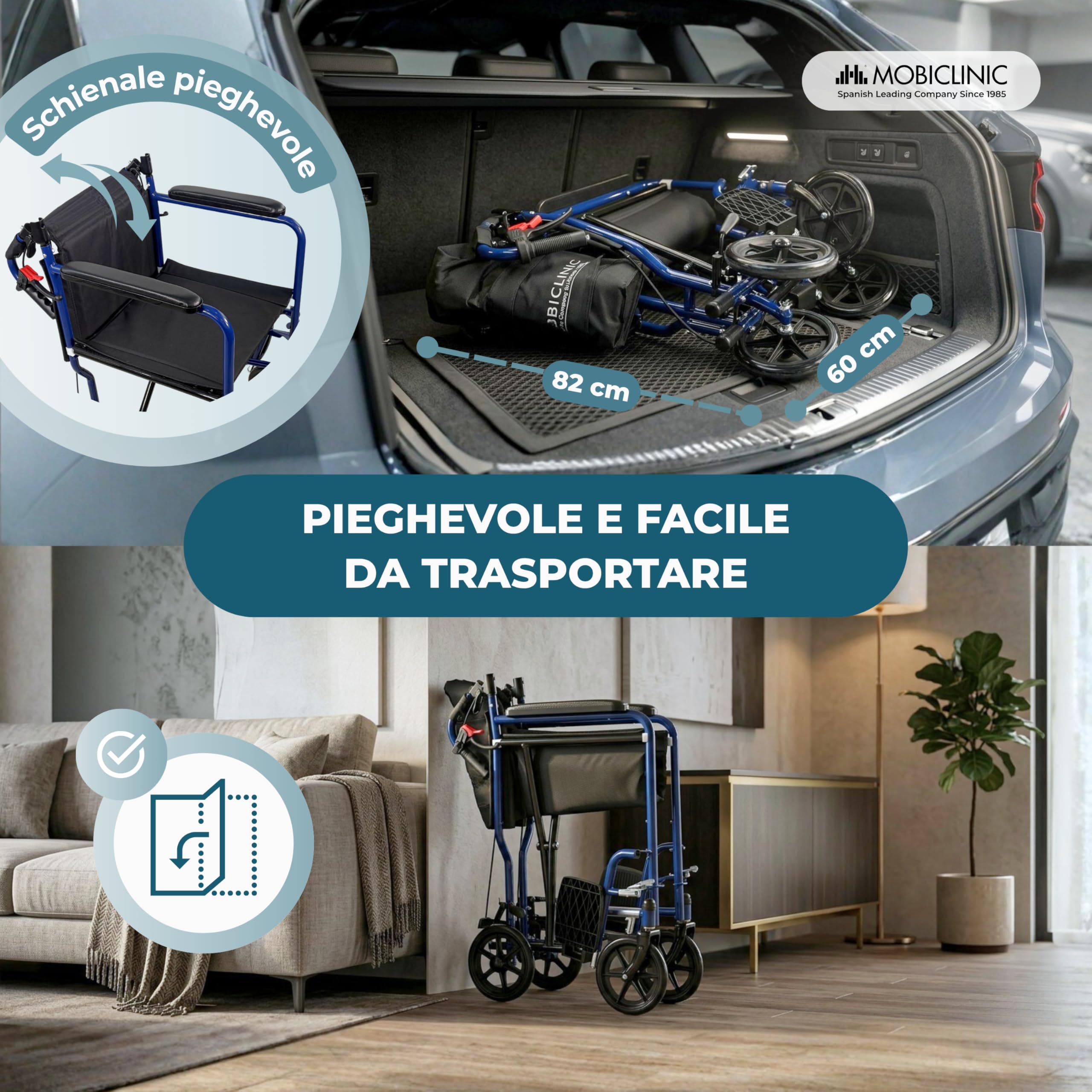 Mobiclinic®, Sedia a Rotelle Pieghevole, da Transito, Schienale pieghevole, Poggiapiedi Removibili, Doppio Sistema Frenante, Braccioli Imbottiti, Acciaio, Leggera e Compatta, Napoli