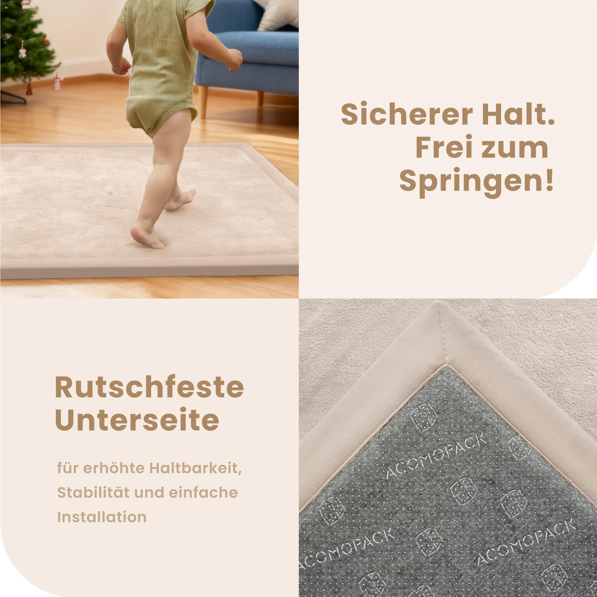 ACOMOPACK Baby Krabbelmatte 127x127x3.5cm Dicke Spielmatte mit Schaumfüllung Rutschfester Unterseite Weicher Kurzflor Kinderzimmer Teppich Beige - 5