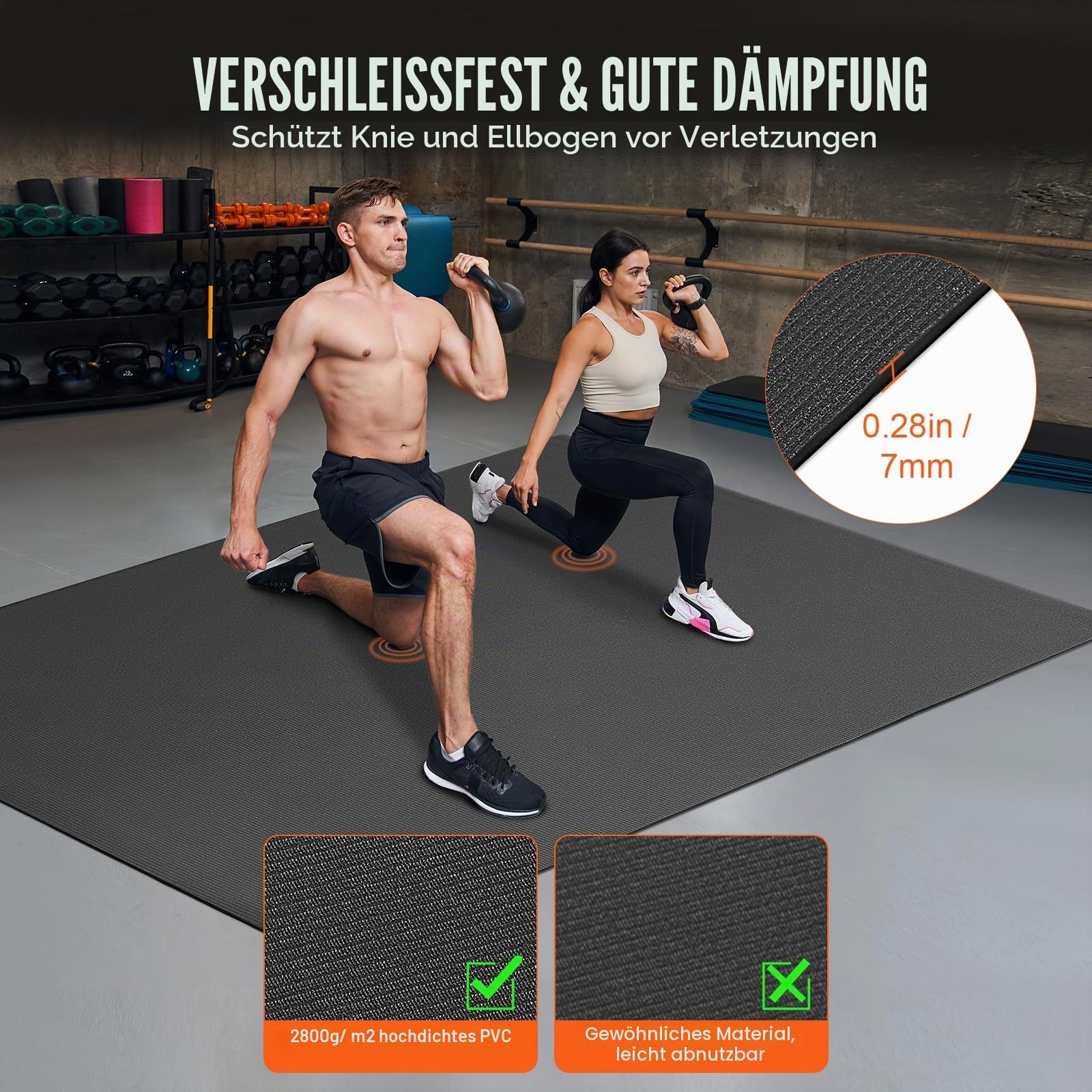 VEVOR Große Trainingsmatte, 3,5 x 1,8 m, 2,4 x 1,8 m, 2,3 x 1,8 m, 2,3 x 1,5 m, 7 mm, extra dick, rutschfest, hochdicht, Premium-Workout-Matte für Damen und Herren, Fitness- und Übungsmatte mit Tasche