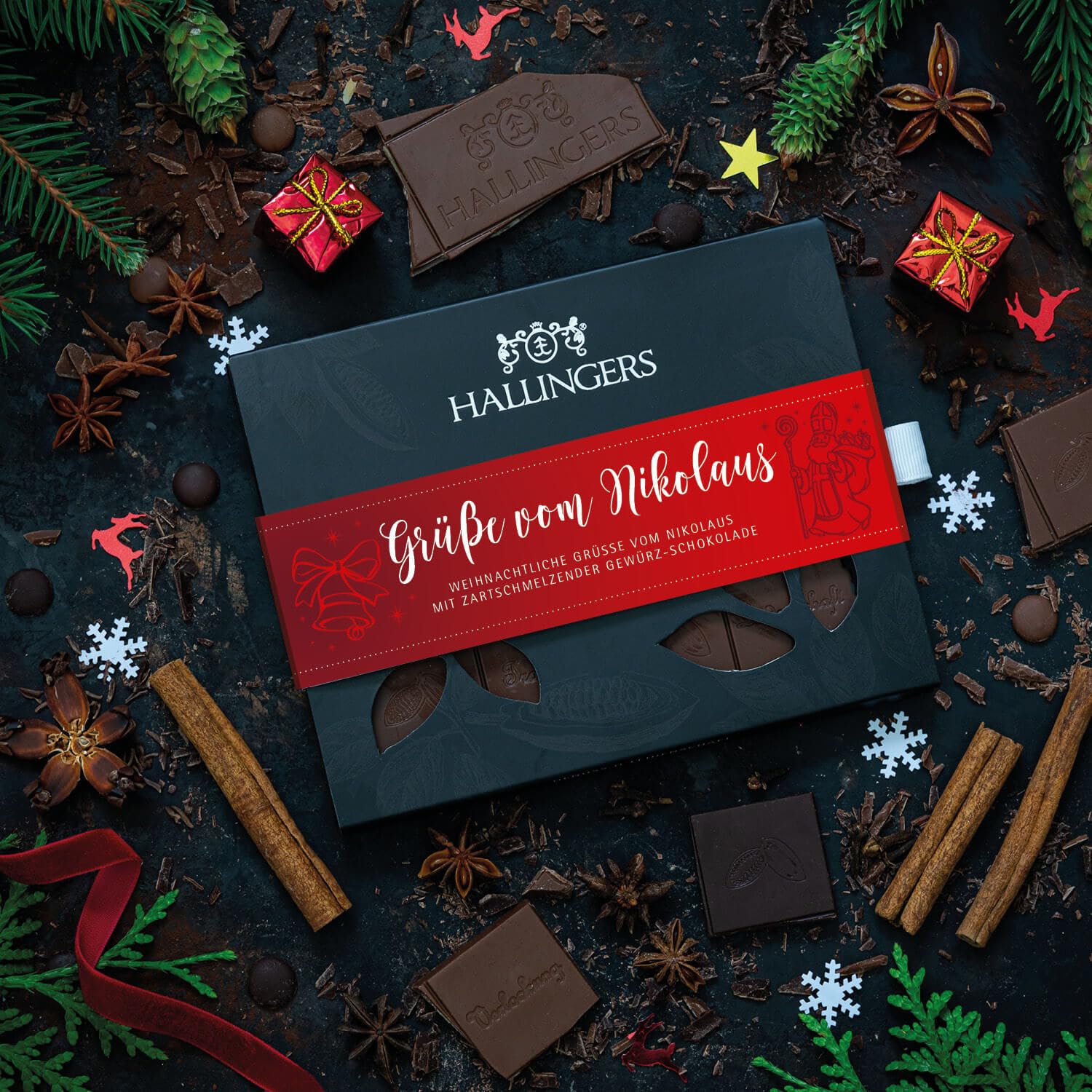 Hallingers Genuss Manufaktur Schokolade Weihnachts-Geschenk - Tafel Edelkakao handgeschöpft ohne Alkohol edler Karton 10x "Grüße vom Nikolaus" Xmas-Gewürze, Weihnachten für Frauen Männer