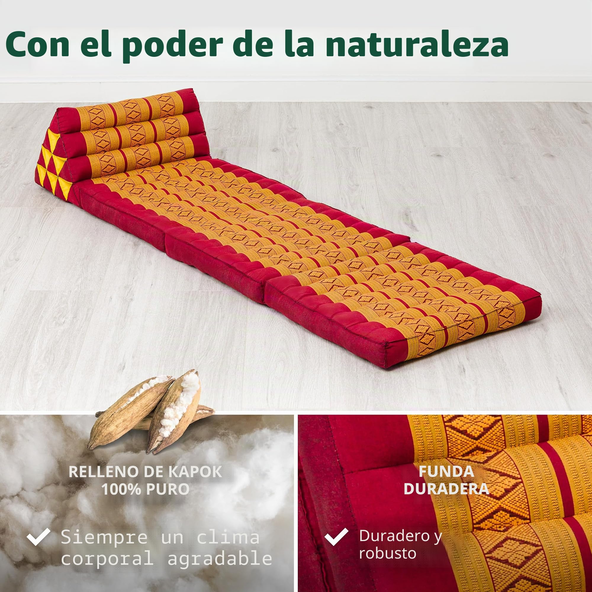 livasia cojín tailandés con 3 Inferiores - 175x50x8cm - Cojín Triangular y colchón Plegable, Almohada,kapok, Cojín Espalda, Esterilla Thai Plegable, Hecho a Mano, Cojín meditación (Rojo/Amarillo)