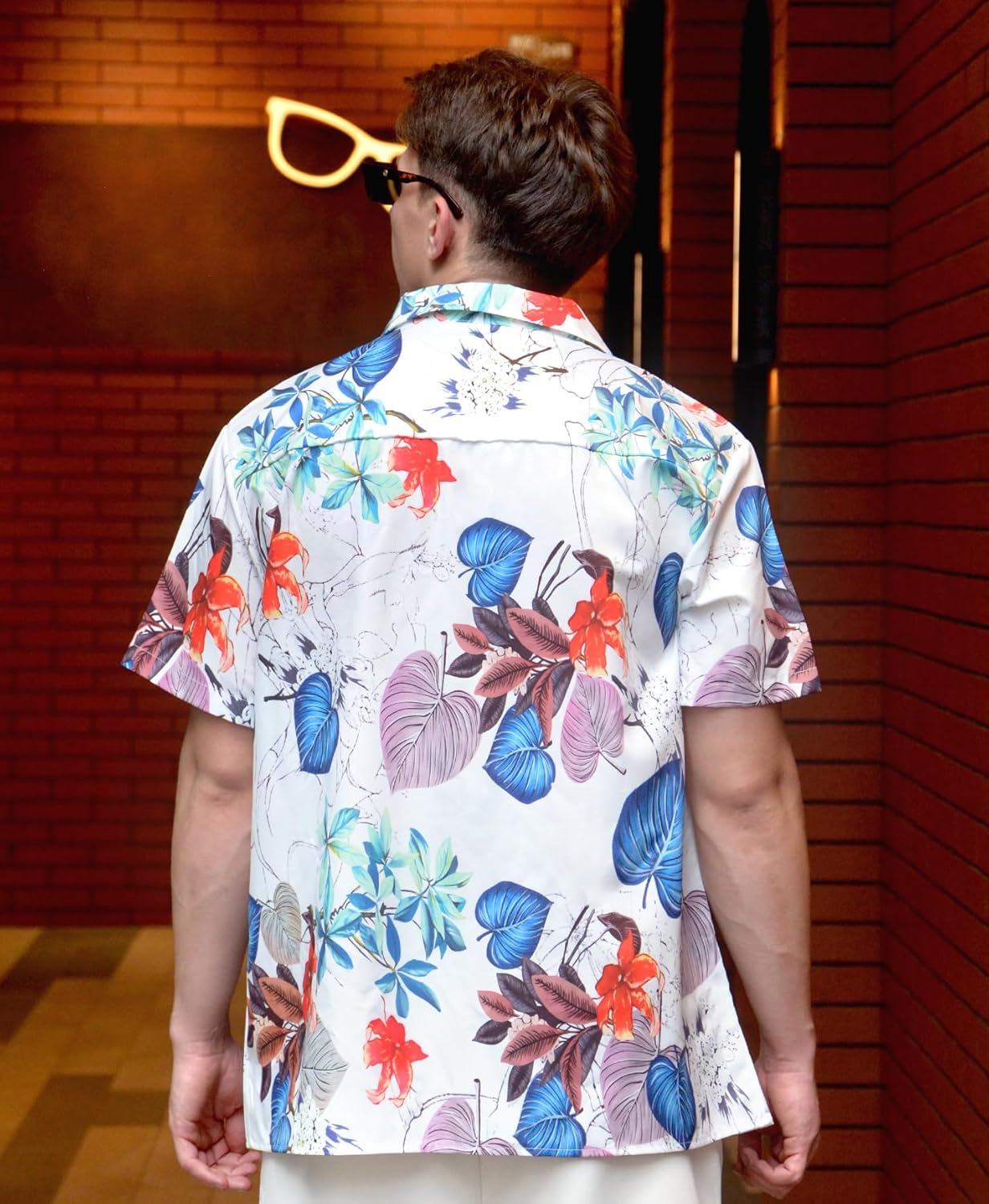 Hawaiian Shirt, Tropical Palm Tree Print, Button Down Short Sleeve, Sunset Orange - Image 5