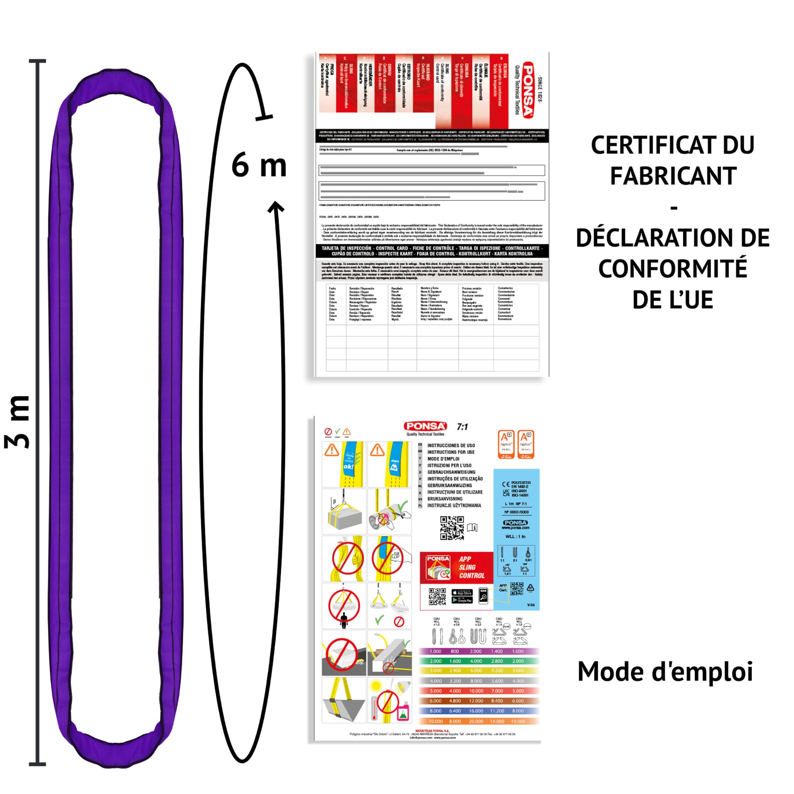 PONSA Élingue Ronde Polyester HT 1000 Kg – 3m Utilisable / 6m Totale – Traitement PONSAGARD Anti-Coupure & Abrasion