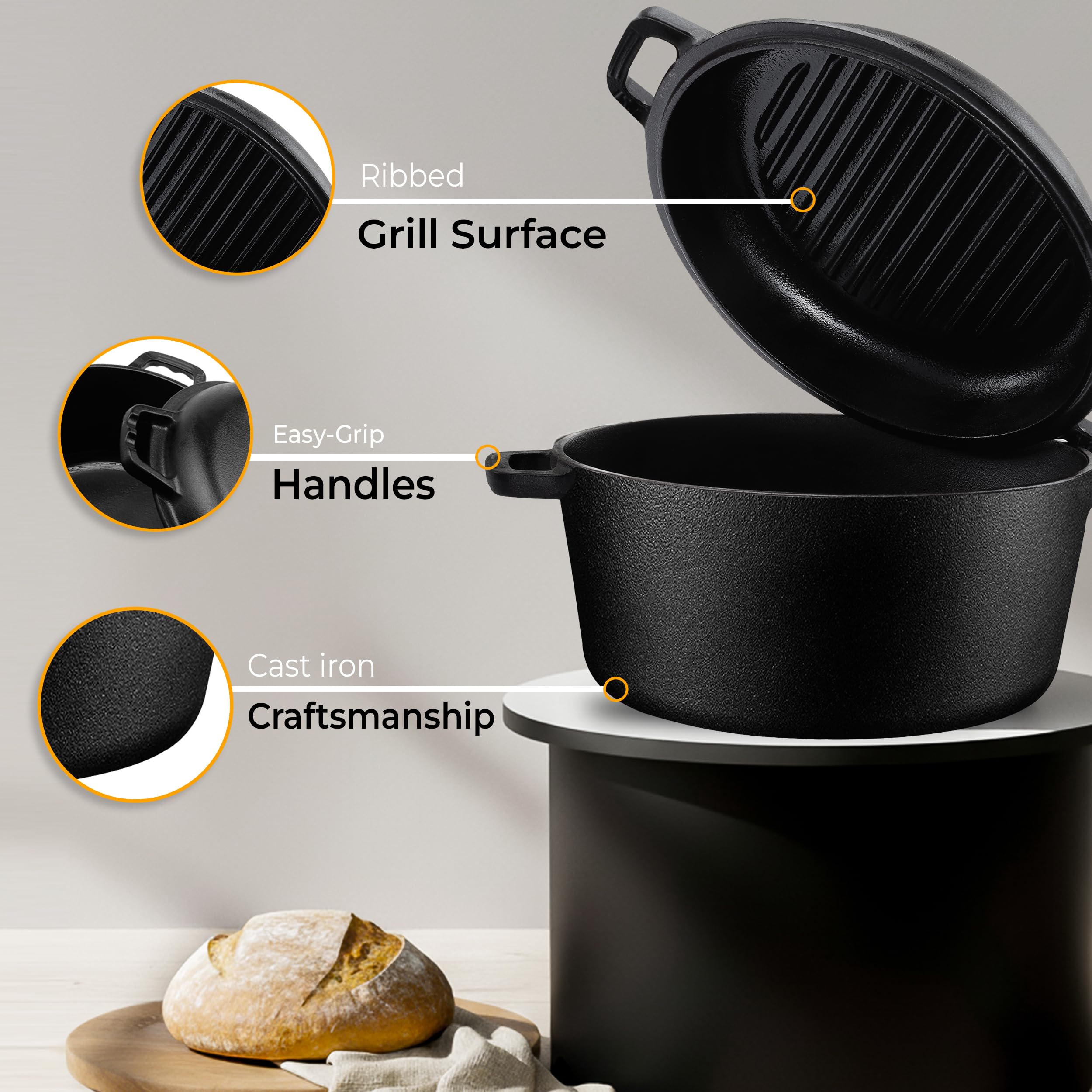 KICHLY 2 in 1 Gusseisen Topf Mit Doppelter Zweck Grillpfannendeckel - Vorgewürzter Gusseiserner Dutch Oven – Brot Backen, Kochen, Braten, Schmoren & Grillen – Im Innen- Und Außenbereich