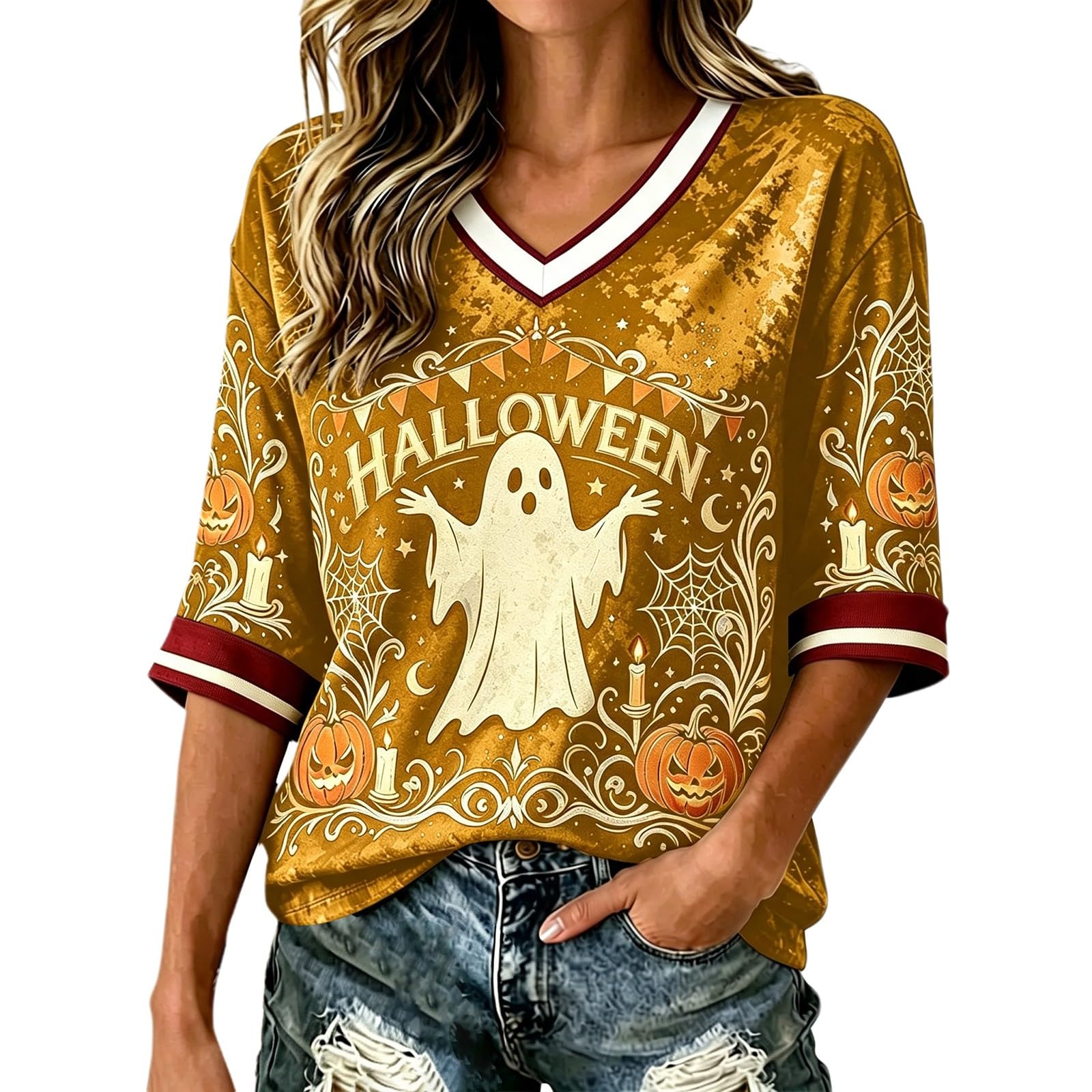 Salem Broom Co Halloween Shirts Women 3/4 Sleeve Vintage Witch Tops Funny Halloween Costumes Casual V Neck Witch Tee Shirts Novelty Fashion Festival Party Clothes (Z01-Yellow, L)