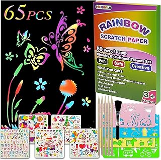 65Pcs Rainbow Scratch Paper for Kids, Magic Art Crafts Set for Girl, Scratch Art Supplies Kits for Boy (Wooden Stylus, Stencils, Soft Brush), Black Card, Birthday, Christmas, Halloween Themes Gift