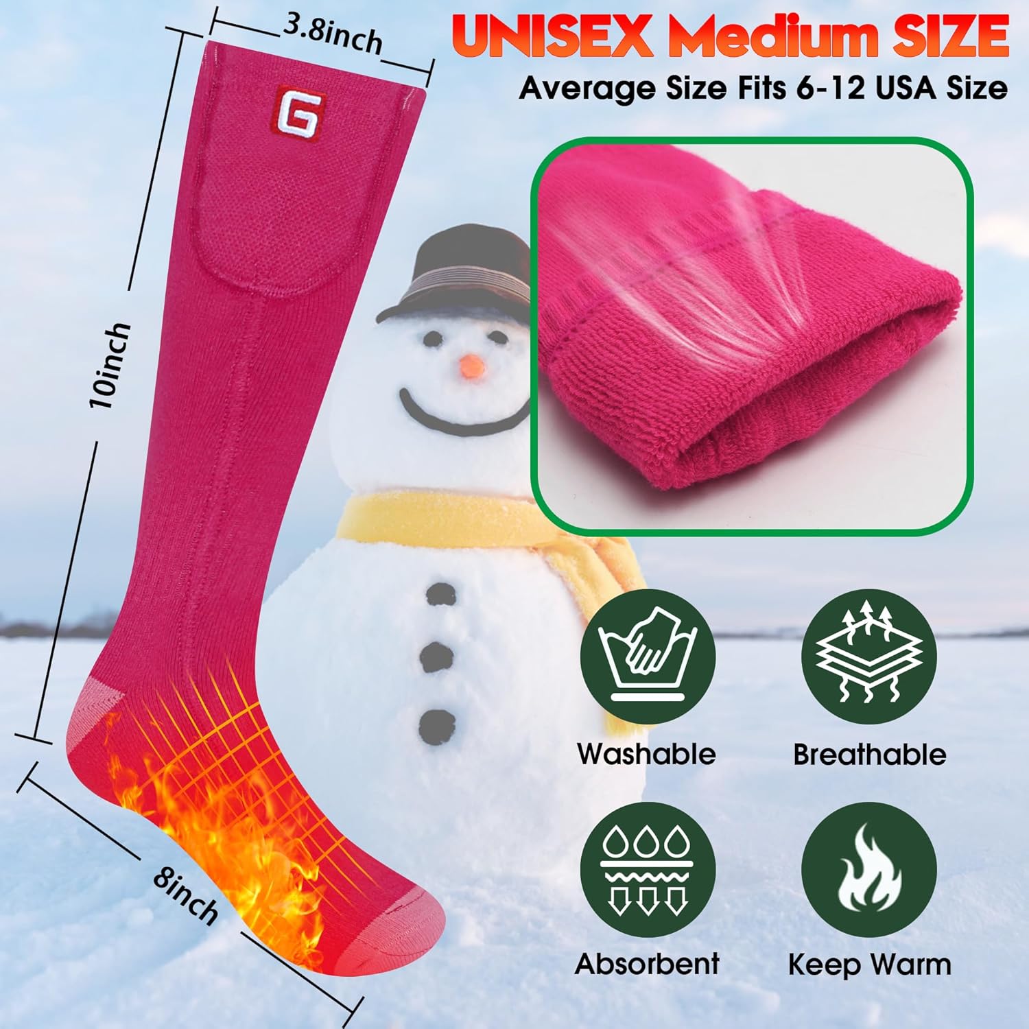Heated Socks for Women - Pink, Electric Rechargeable Battery Powered Thermal Socks Washable Winter Cotton Foot Warmers for Outdoor Sports Hiking Climbing Hunting - Image 4