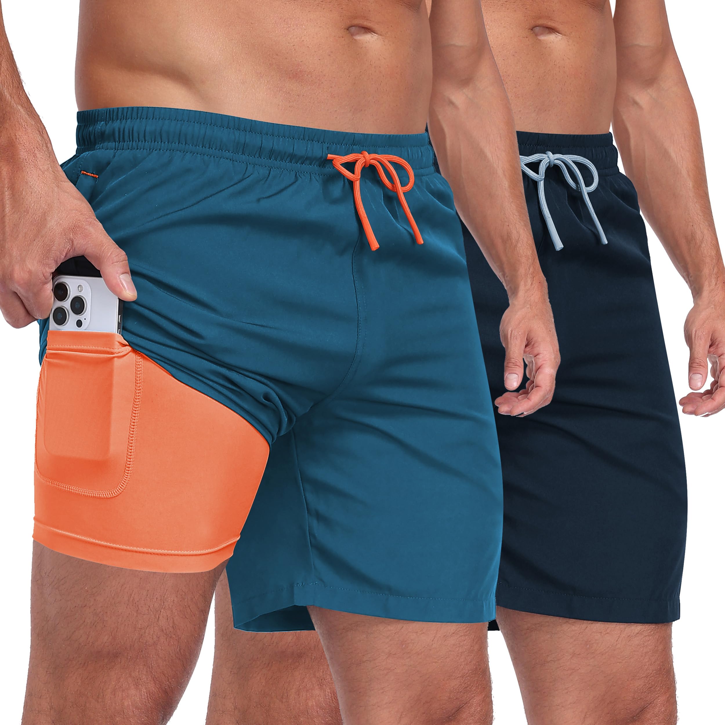 Short de bain pour homme 2 en 1 avec poche zippée, short de sport court pour homme