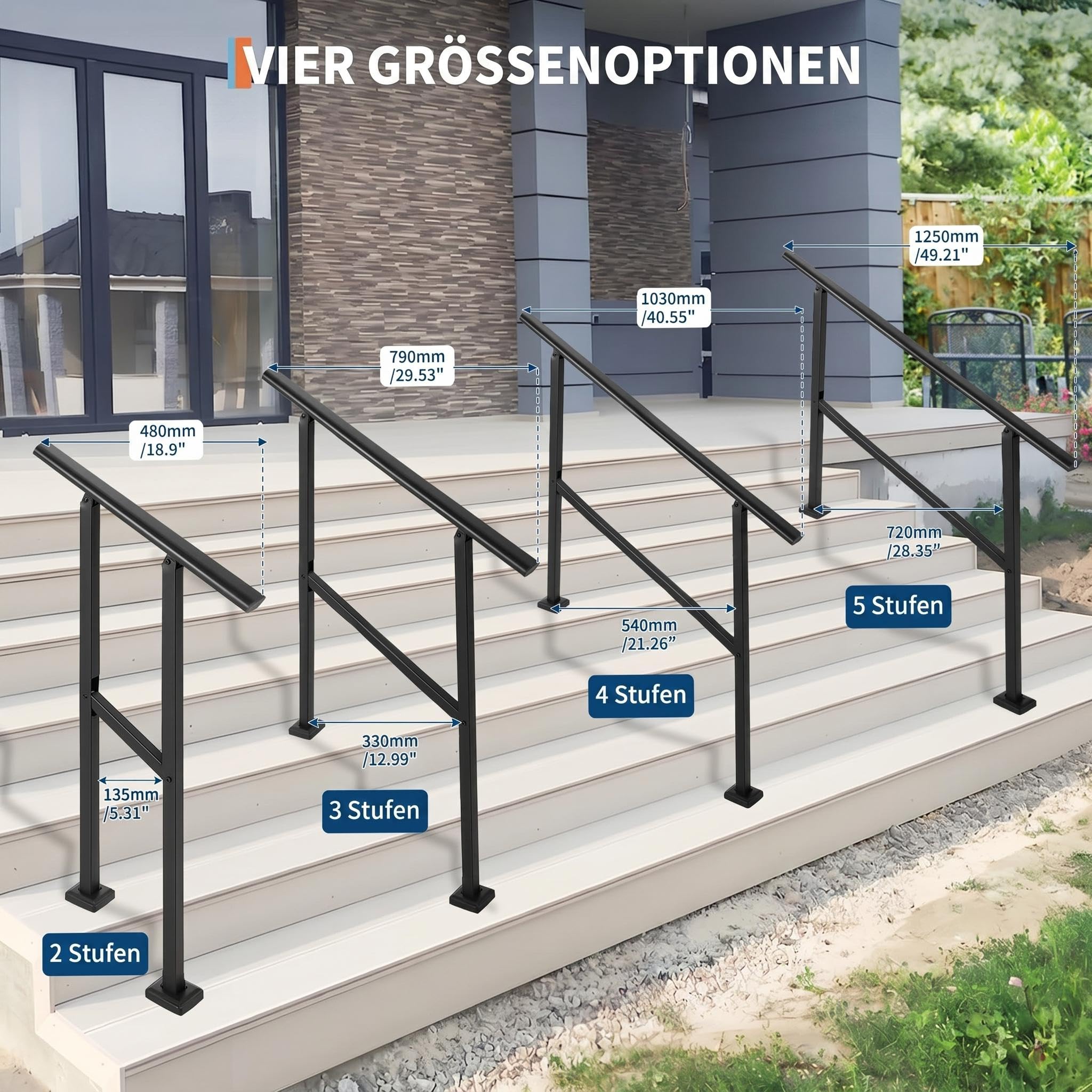 Garvee Treppengeländer Handlauf für 4 Stufen, Schwarz
