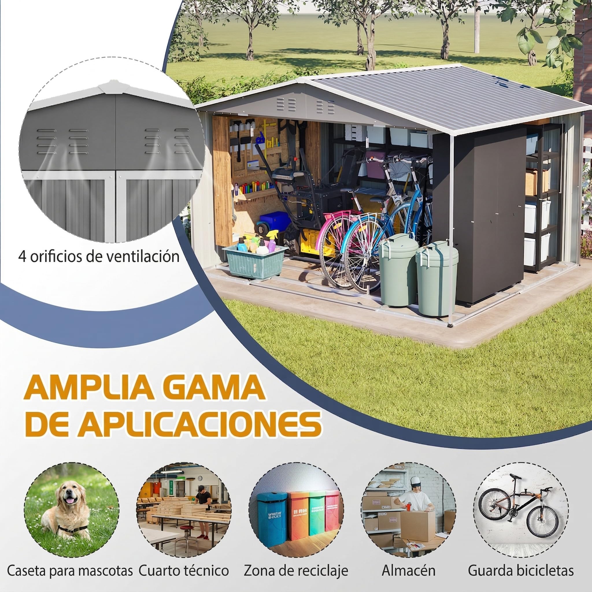 Caseta de Jardín Metálica 300x252x191cm Tejado a Dos Aguas con Marco de Cimentación - Cobertizo Exterior Resistente a la Intemperie para Herramientas Bicicletas Muebles - Antracita 6.91m² — view 5