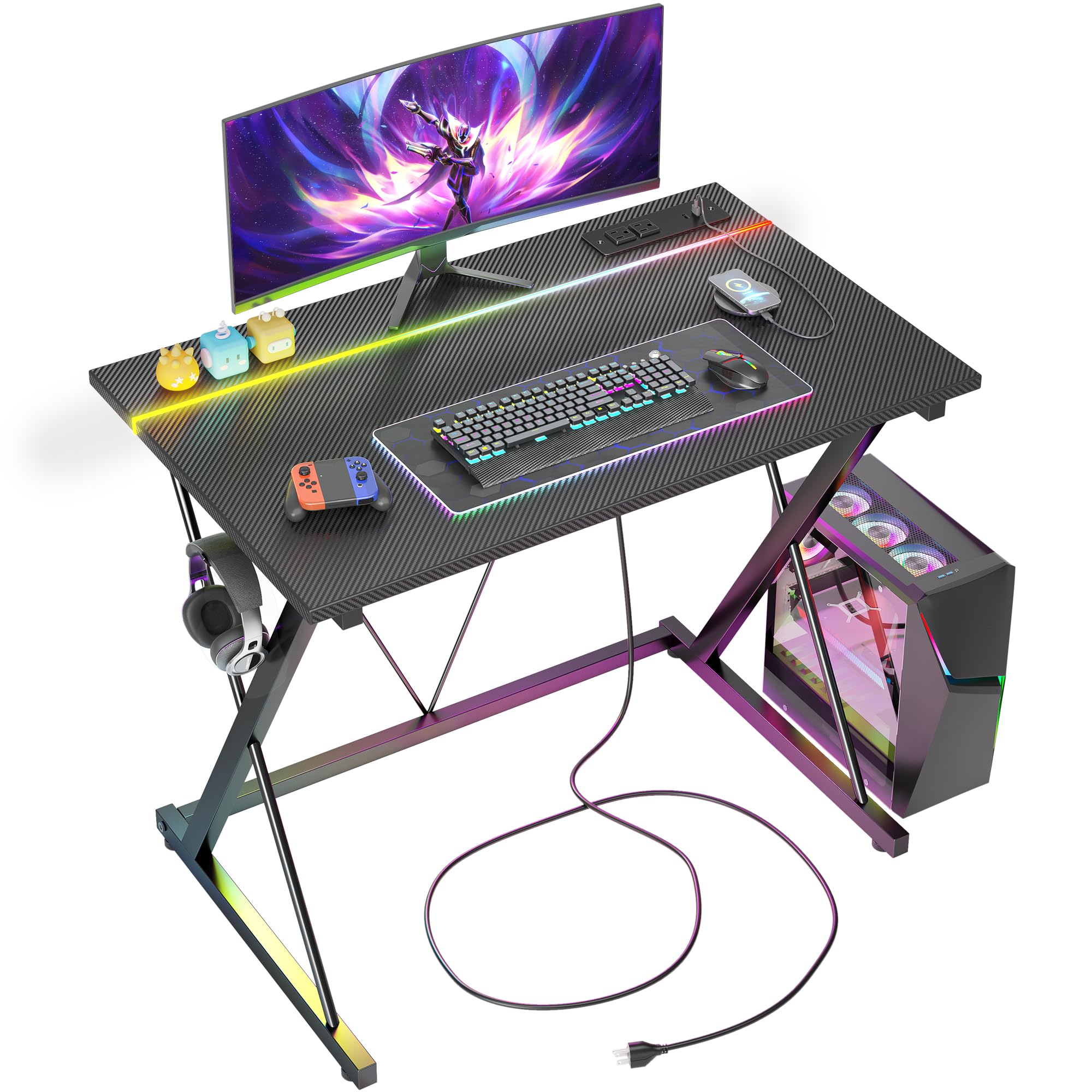 TIQLAB Gaming Desk with Power Outlets & LED 32 Inch Ergonomic Computer Carbon Fiber Surface Gamer Table, PC Workstation with Headphone Hook for Bedroom, Kids Desk Gift for Boys, Black