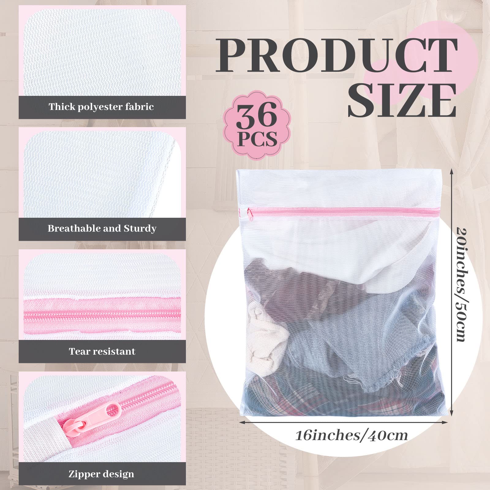 36 bolsas de malla para la colada, bolsas de malla fina con cremallera, lavables a máquina, bolsas de lencería para lavar ropa delicada, ropa interior, blusa, calcetines, viajes, 16 x 20 pulgadas