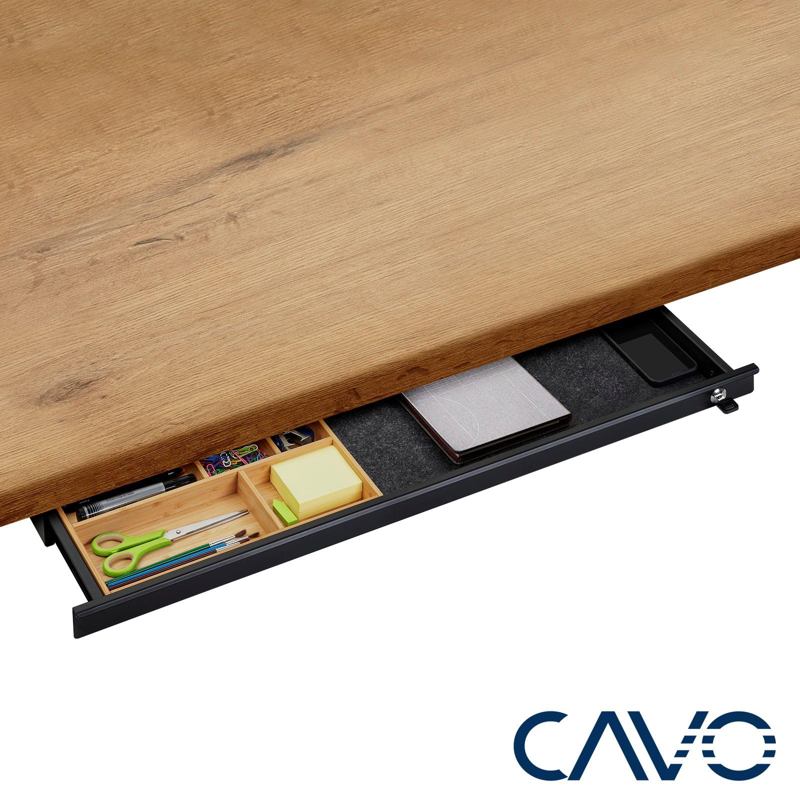 CAVO Dokumentenschublade abschließbar 850 x 265 x 45 mm schwarz mit Bambus Einsatz Schreibtischschublade Büroschublade