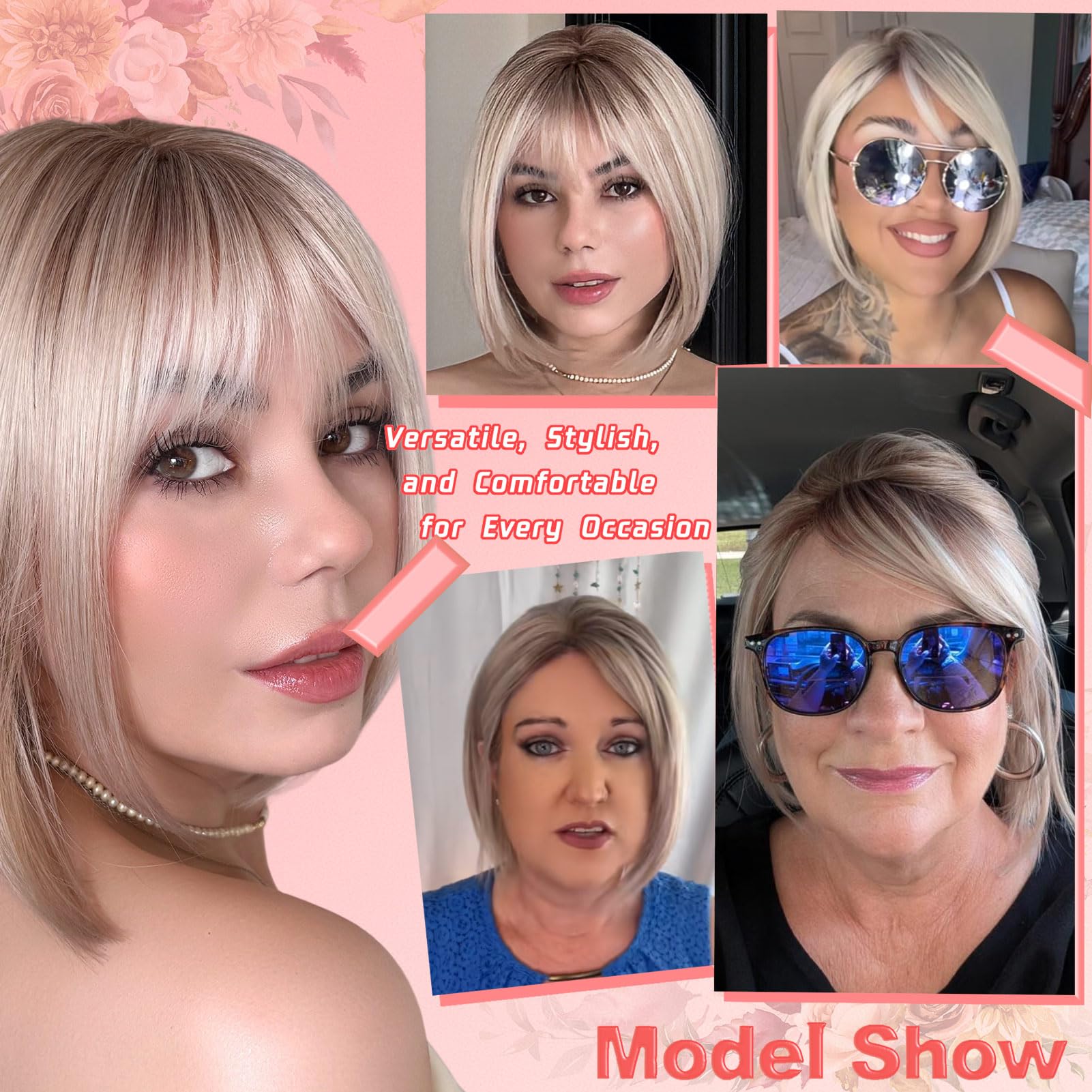 Glueless Lace Front Short Bob Wig with Bangs, Protein Synthetic Fiber, 12 Inch 12 main image 3