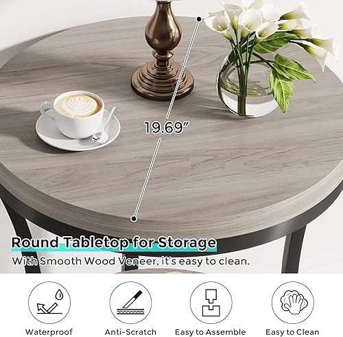 Miniatura 4 de Juego de mesas auxiliares redondas de 2 piezas, mesa auxiliar industrial de 2 niveles, mesa de noche acento con marco de metal para sala de estar,