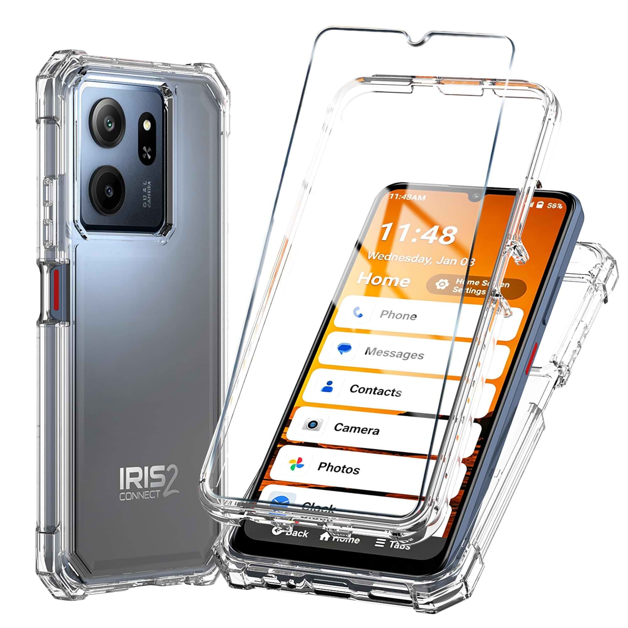 for Consumer Cellular Iris Connect 2/SpeakEasy Smart Phone Case Clear with Tempered Glass Screen Protector,Slim Soft Silicone Full-Body Protective Cover