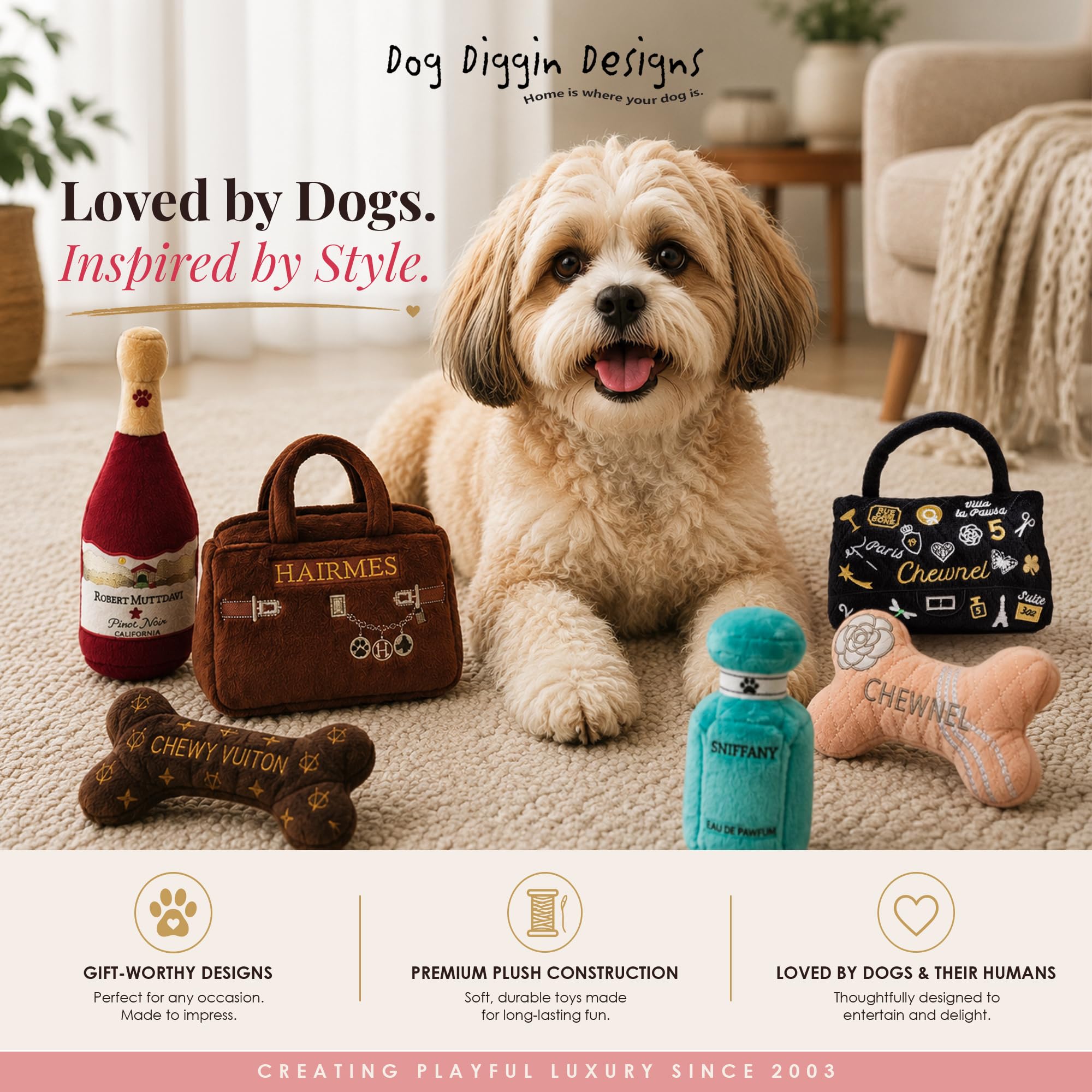 Dog Diggin Designs Colección Runway Pup | Juguetes únicos de peluche para perros de parodia chirriante - Huesos, bolas y más para perros Prêt-à-Porter