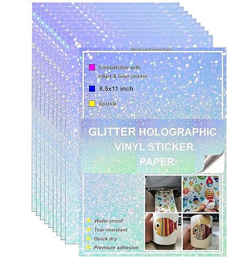 Miniatura 1 de Papel adhesivo holográfico brillante imprimible, 20 hojas de 8.5 x 11 pulgadas, impermeable, con purpurina, de secado rápido, para impresora de