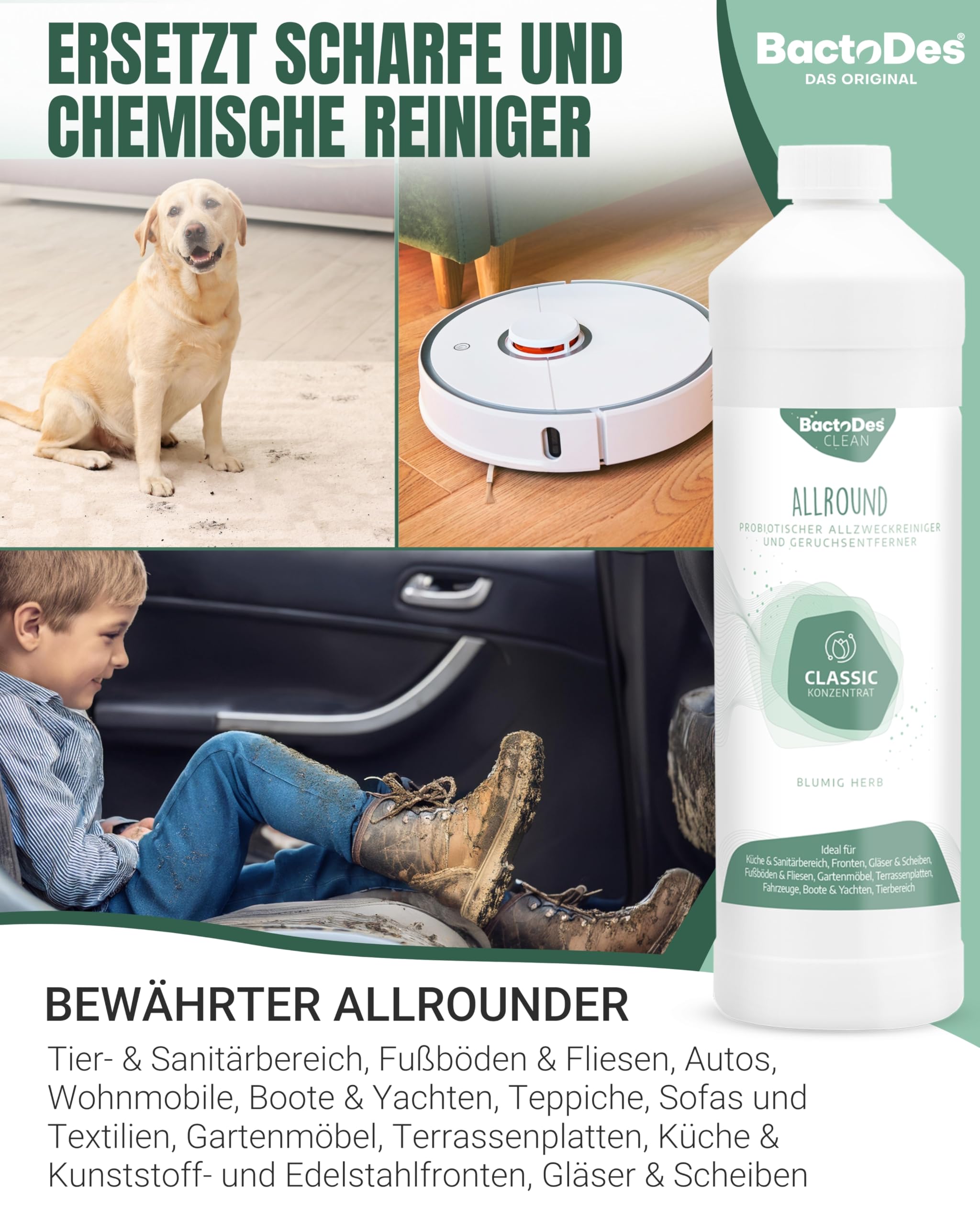 BactoDes - Clean Allround CLASSIC probiotischer Allzweckreiniger 6L Konzentrat mit Sprayflasche - Spezial Enzymreiniger mit bio Mikroben-Wirkung - Effektiver Geruchsneutralisierer & Geruchsentferner