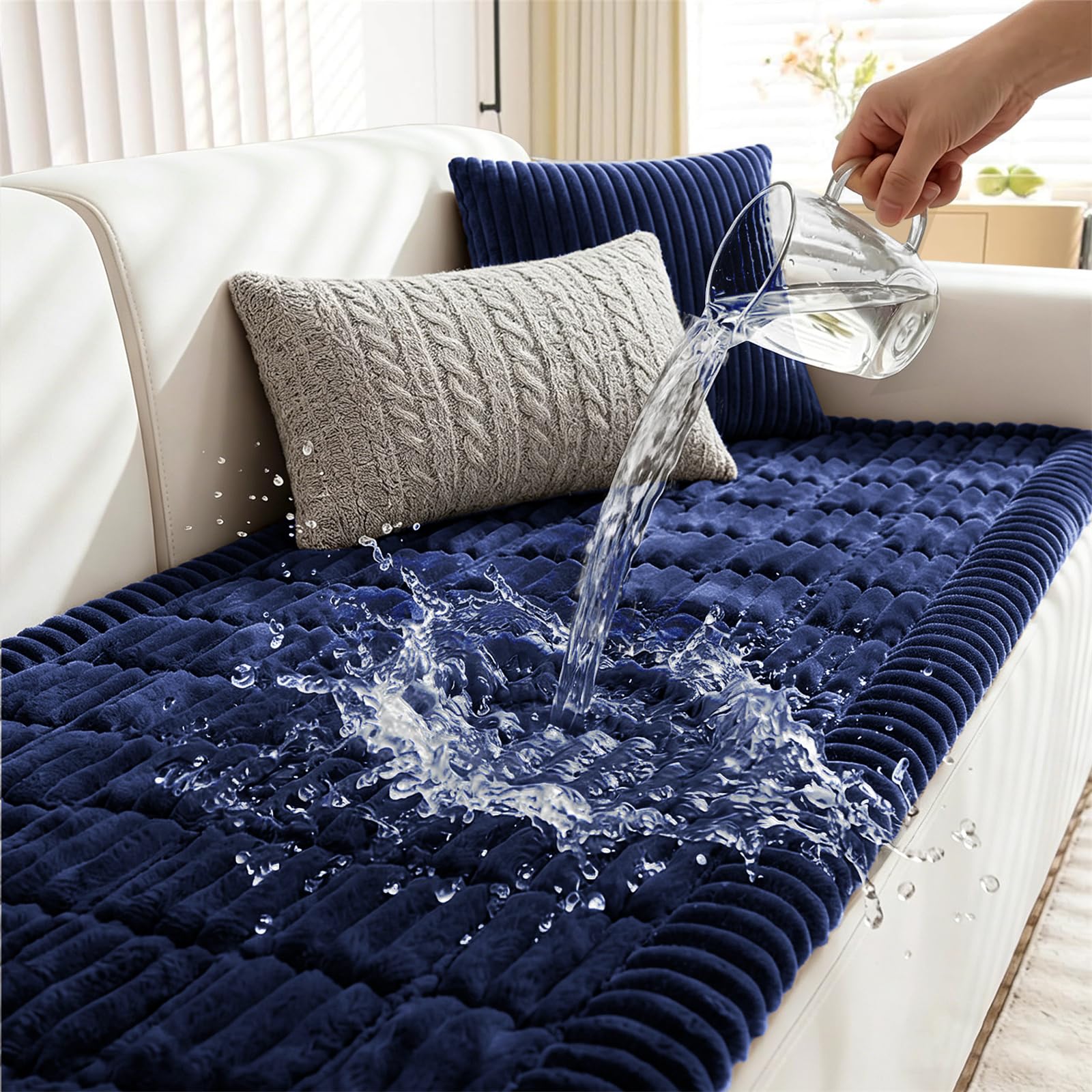 LINGKY Dark Blue Cushion Covers 45x45 cm, Corduroy Decorative Fluffy Throw Pillow Cases, Cushion Cover 18x18 inches with Zipper for Sofa Bed Livingroom Bedroom, Pack of 1 — image 1