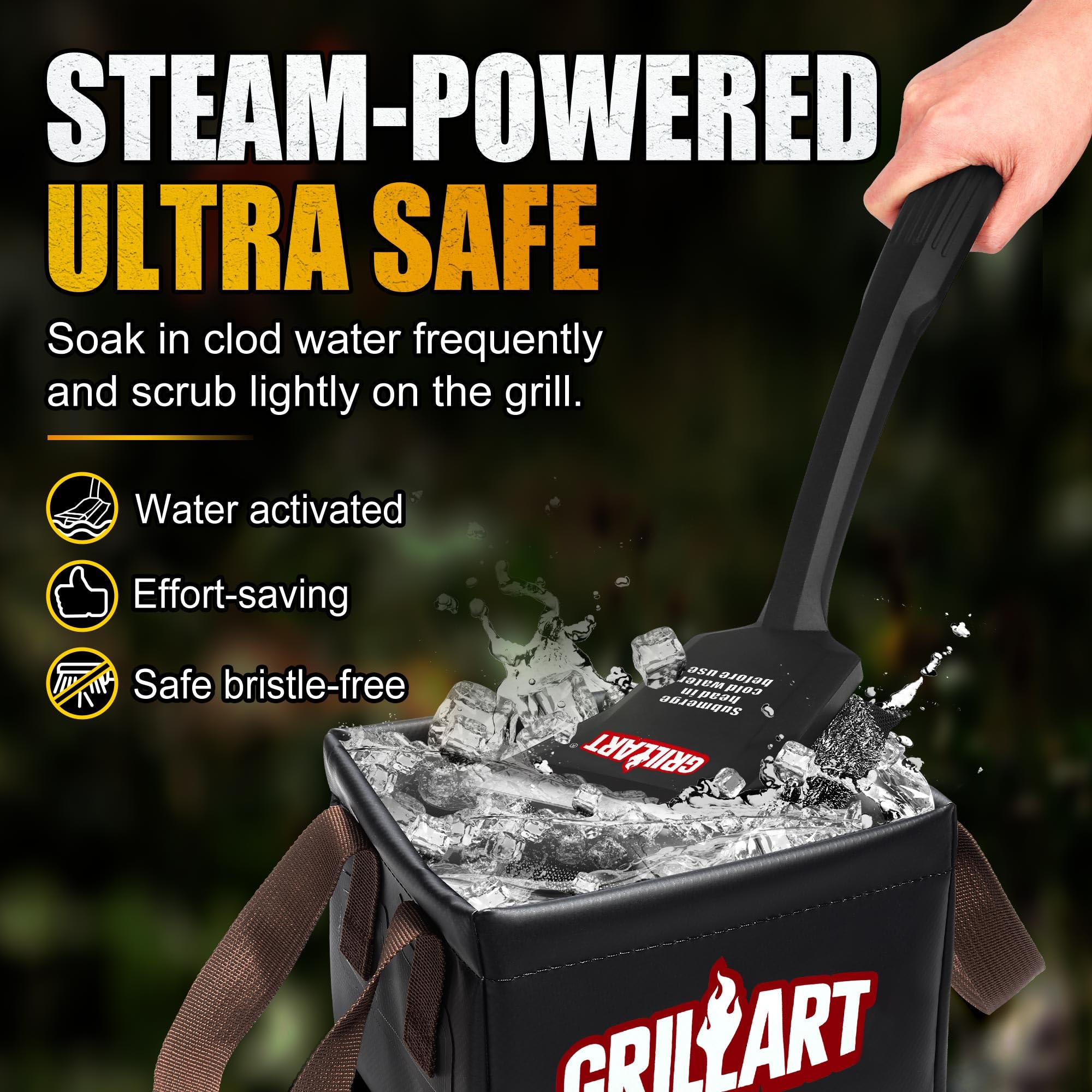 Grillart Szczotka do grilla, bez włosia, czyszczenie parowe, ultra bezpieczna i wydajna, szczotka do czyszczenia grilla z 1 wymienną głowicą, do rusztu żeliwnego, nadaje się do mycia w zmywarce,