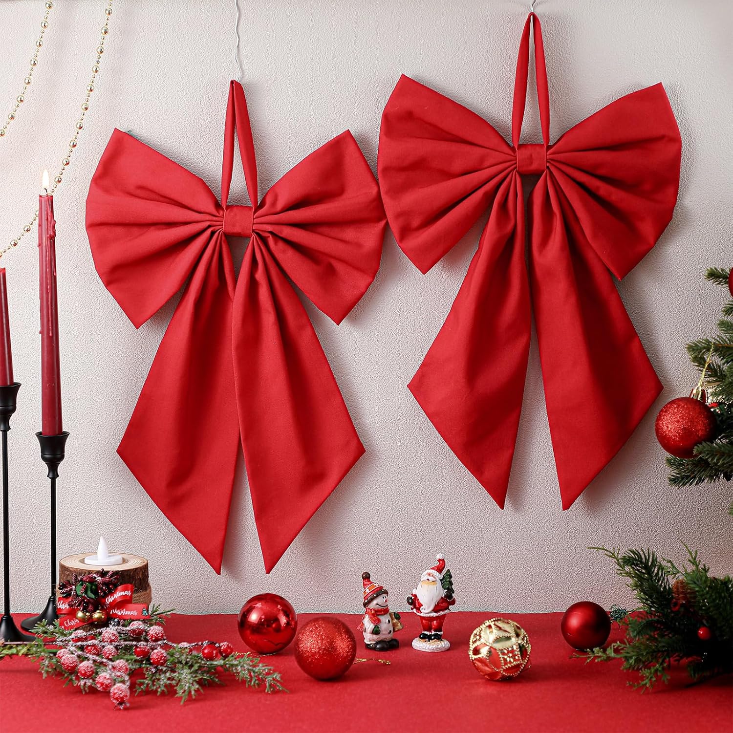 2 Pcs Red Christmas Wreath Bow 19.6'' x 11.8'' Large Burlap Wreath Sash Christmas Tree Topper Ornament Bow for Front Door Xmas Wedding Party Yard Doorway Indoor Outdoor Wall Decoration Bow Red
