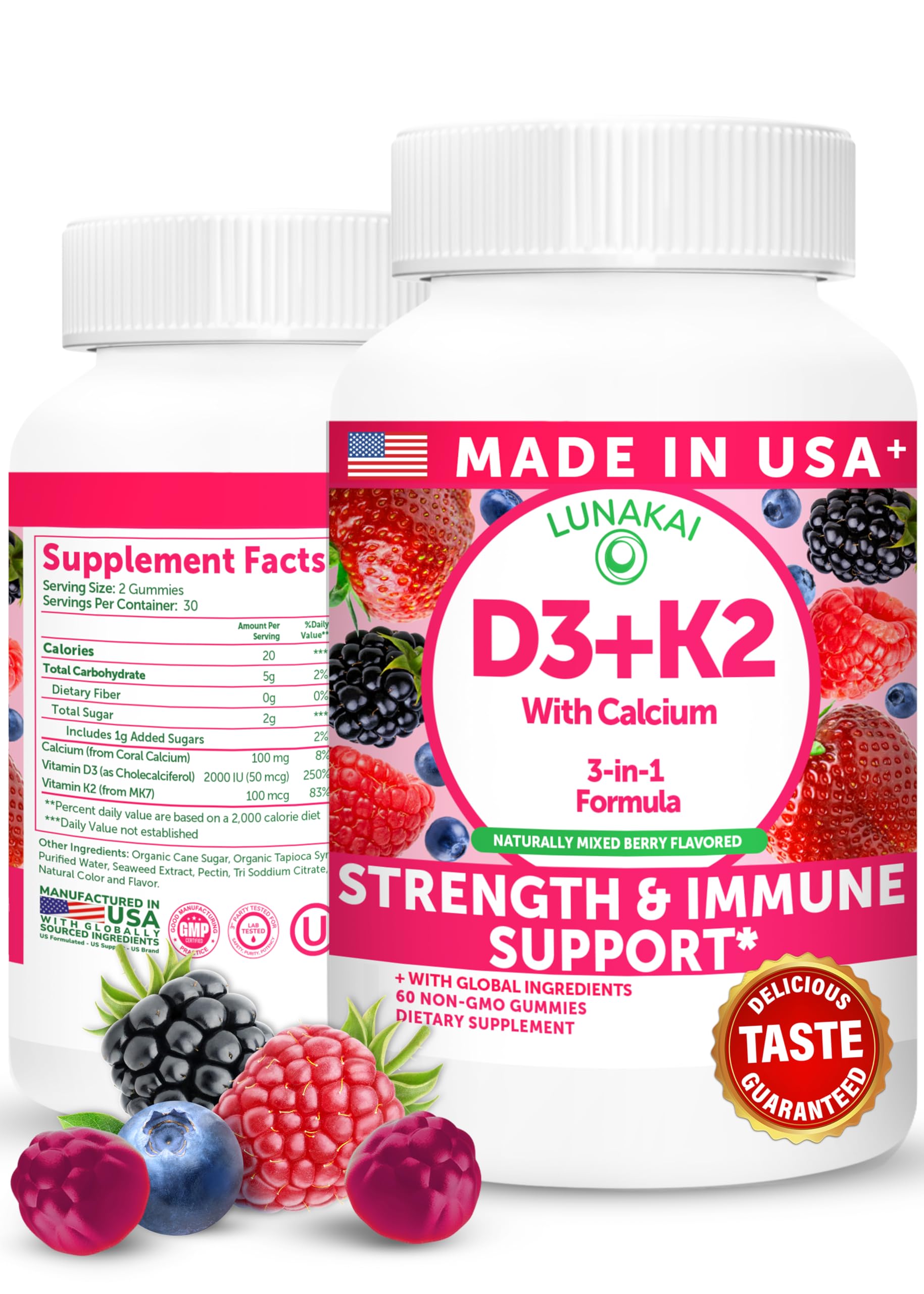 Lunakai USA Made Vitamin D3 K2 Gummies with Calcium – 3-in-1 Daily Vegan Supplement for Bone & Immune Support for Women, Men & Kids, 60ct