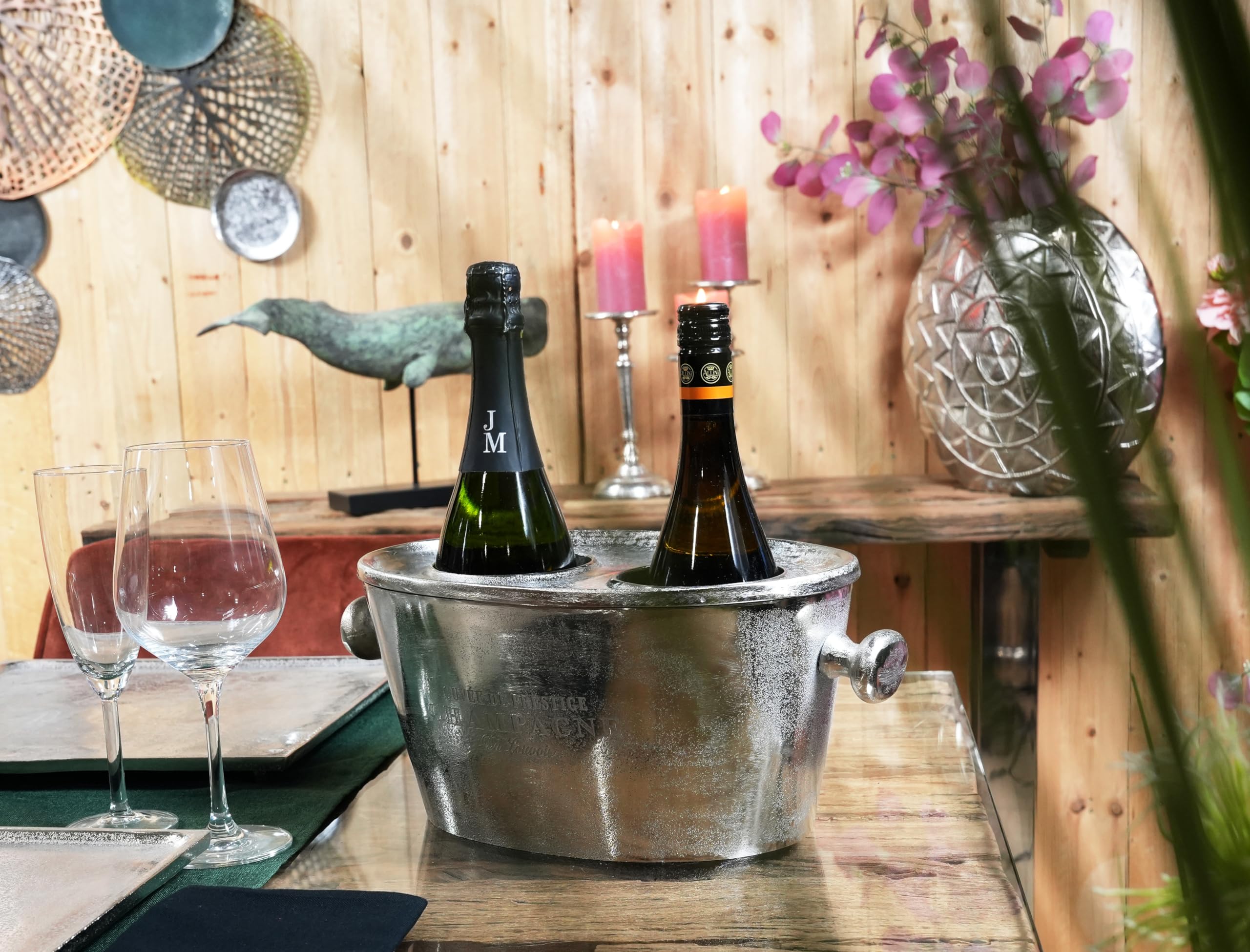 Flaschenkühler für 2 Flaschen, Weinkühler, Sektkühler, Getränkekühler aus Metall, Aluminium, Silber, Party - Kühler für Sekt und Wein - XXL 31 cm