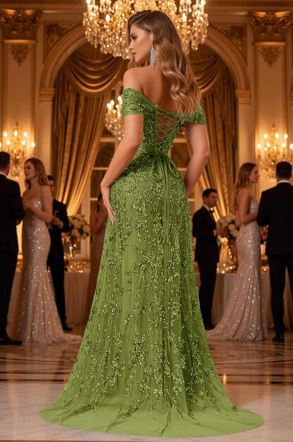 Tulle Laces Prom Dress Off Shoulder Mermaid Evening Gown with Train High Slit Long Formal Wedding Guests Dresses Light Blue 14