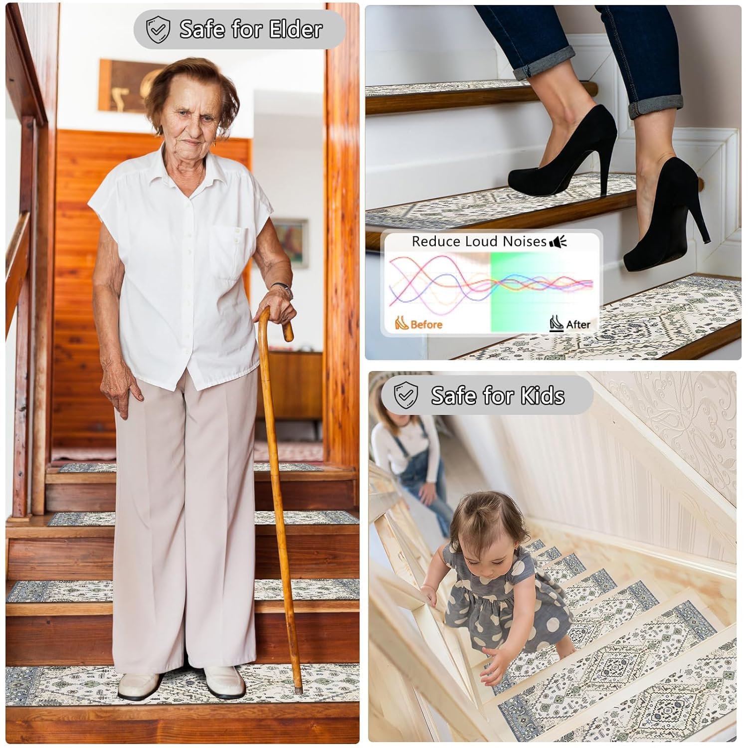 Homcomodar 15PCS Alfombras de Escalera 76x20cm Beige Verde Peldaños de Mader Antideslizante Alfombra de Goma para Escaleras Peldaños Autoadhesivos para Niños Ancianos y Mascotas