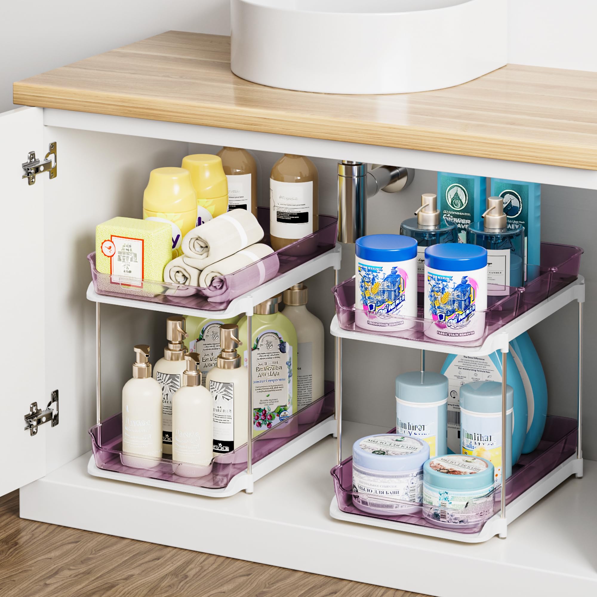Delamu 2-Tier Multi-Purpose Bathroom Under Sink Organizers and Storage, Stackable Kitchen Pantry Organization, Pull Out Medicine Cabinet Organizer with Movable Dividers, Purple, 2 Pack