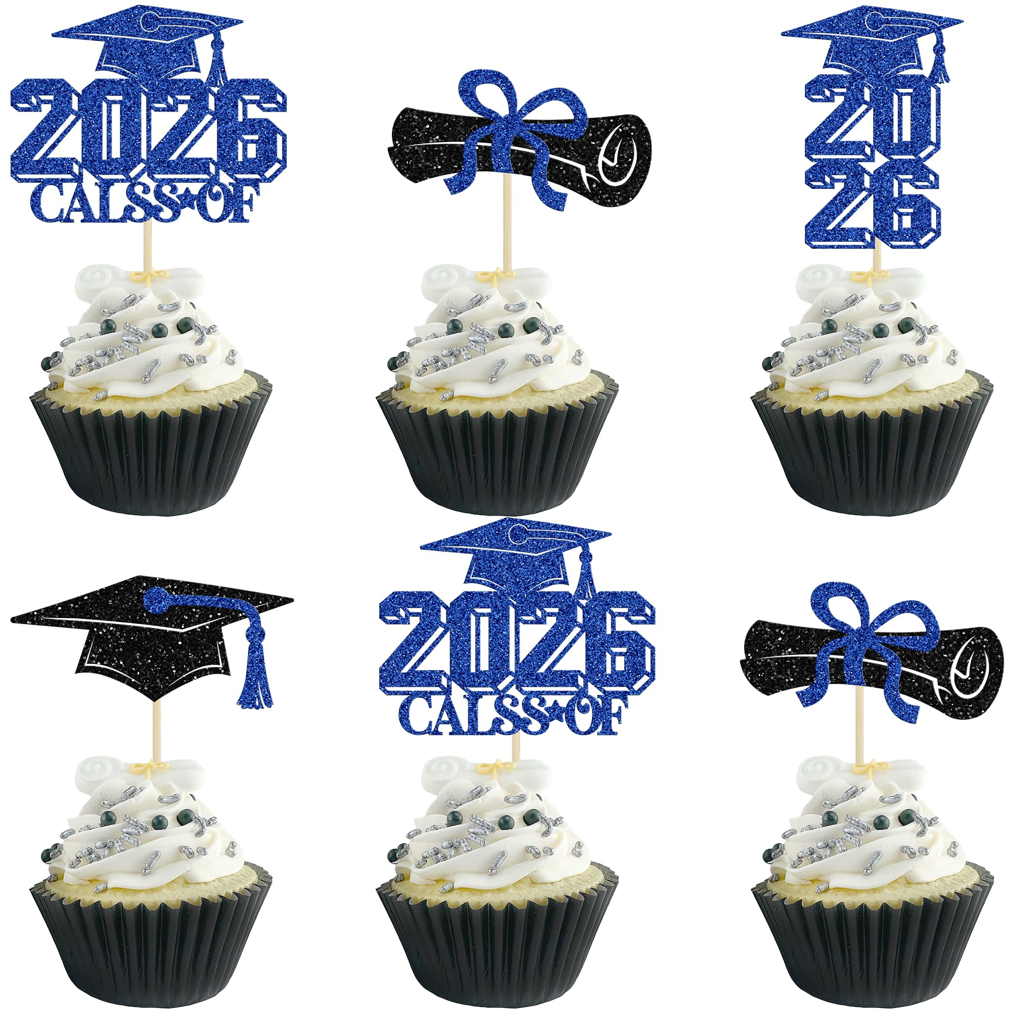 Gyufise 36Pcs 2026 Graduation Theme Cupcake Toppers Glitter Class of 2026 Graduation Cap Diploma Cupcake Picks 2026 Graduated Theme Party Cake Decorations Supplies Dark Blue